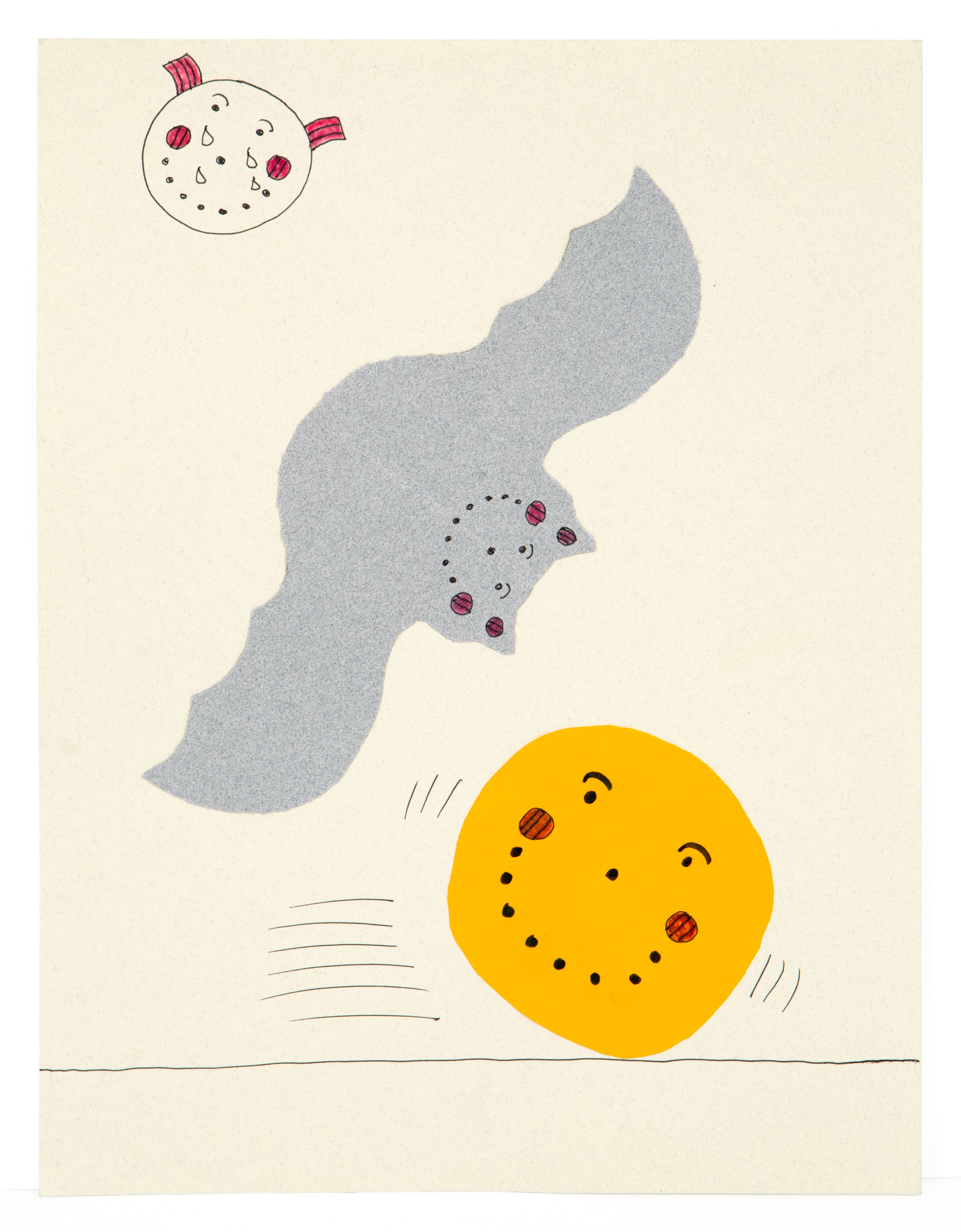 Collage and ink drawing with three circular faces and gray curved shape on cream paper