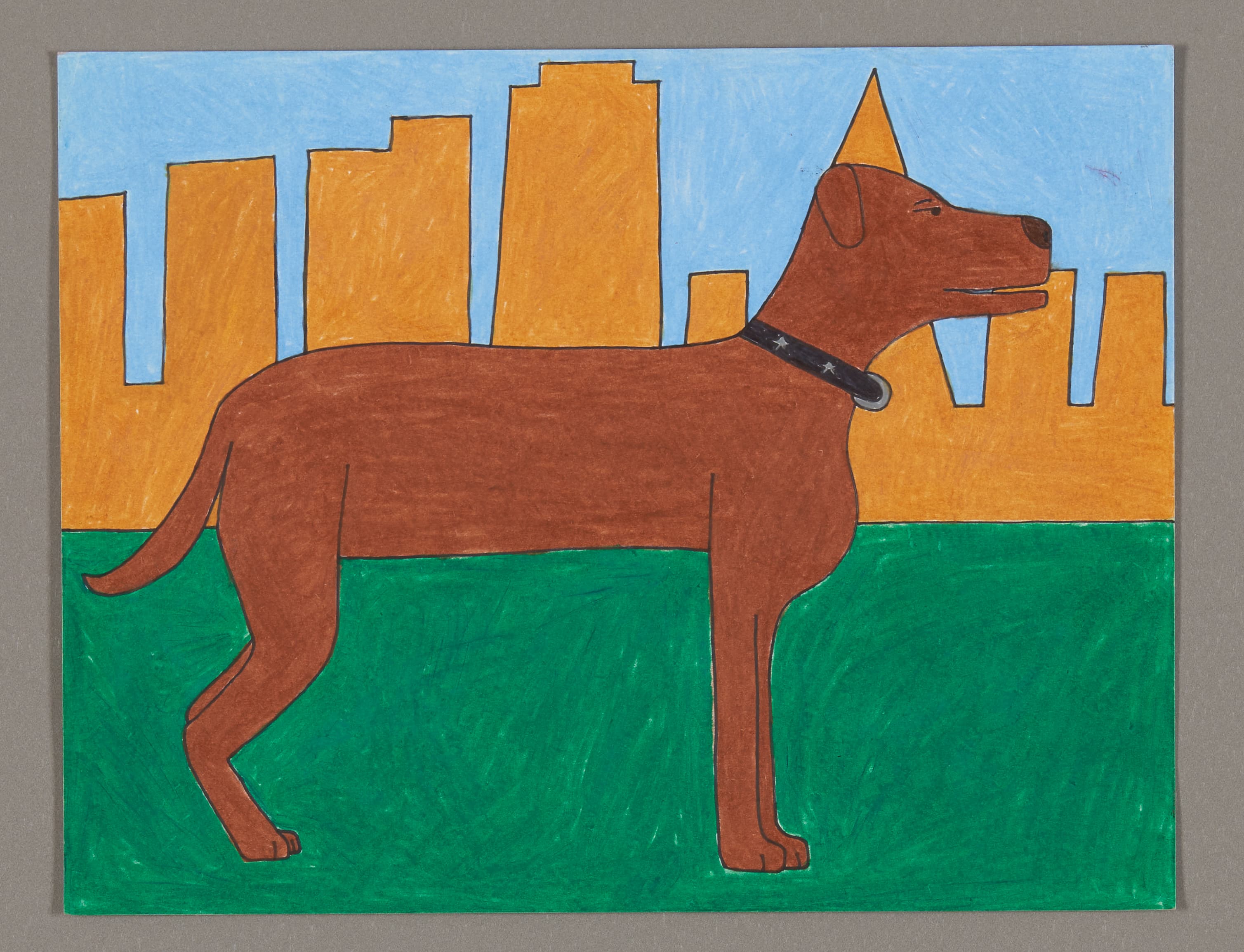 Drawing of a brown dog wearing a party hat standing in front of orange city buildings on green ground, colored pencil on paper