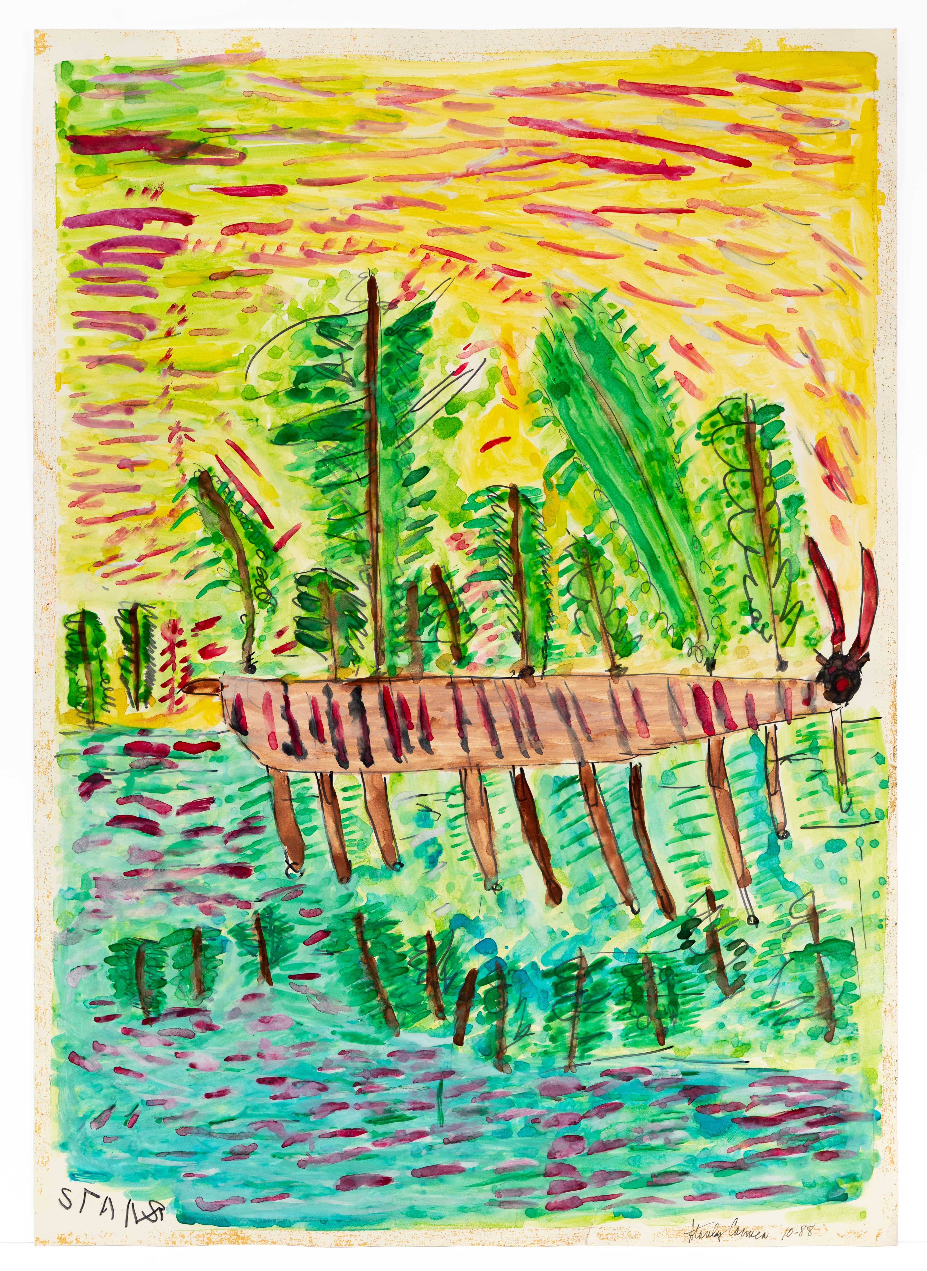 Watercolor and ink landscape with wooden dock extending over blue-green water, surrounded by green foliage and yellow sky
