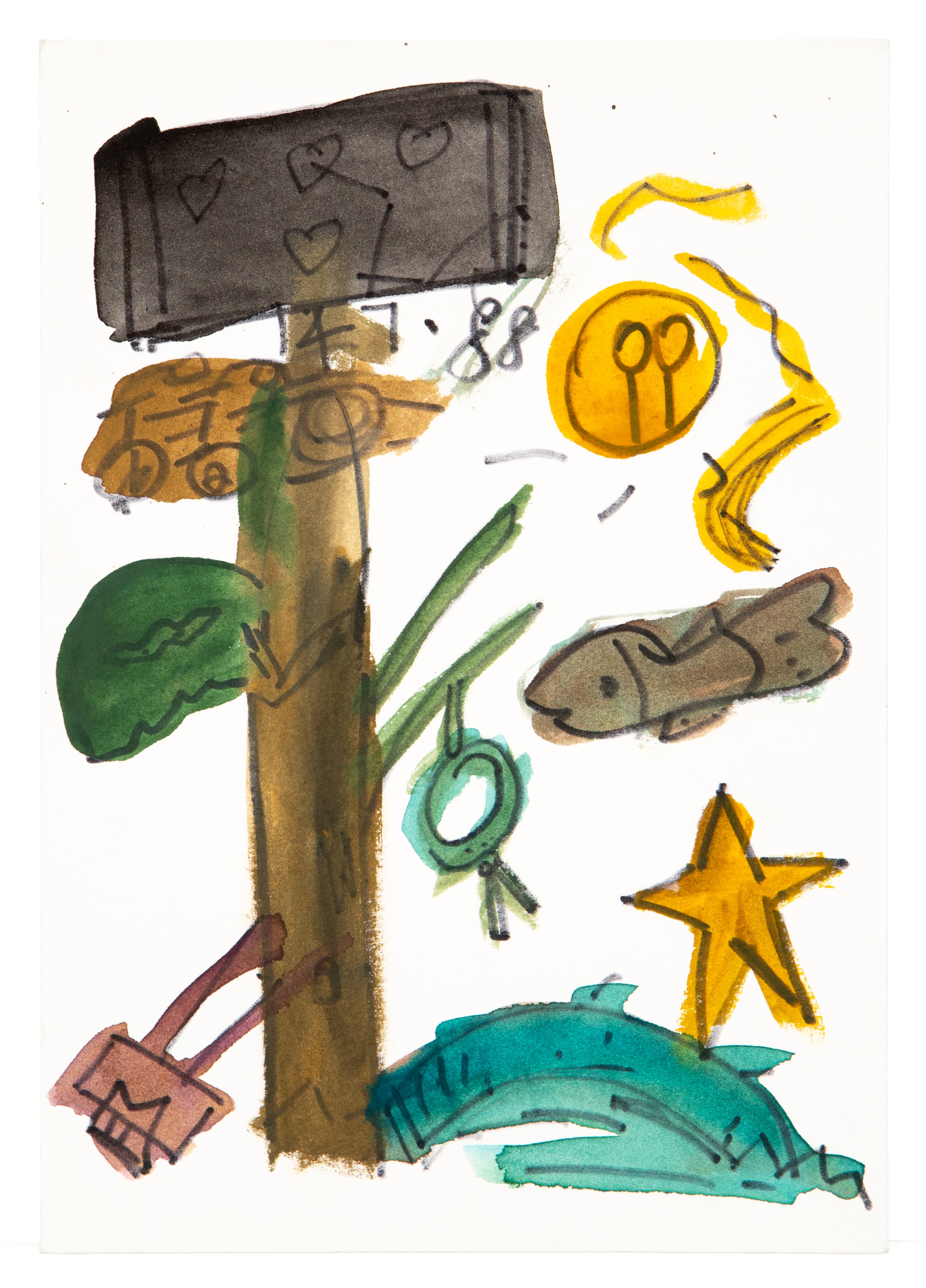 Ink and watercolor drawing with scattered objects including hammer, scissors, star, and geometric shapes on white paper