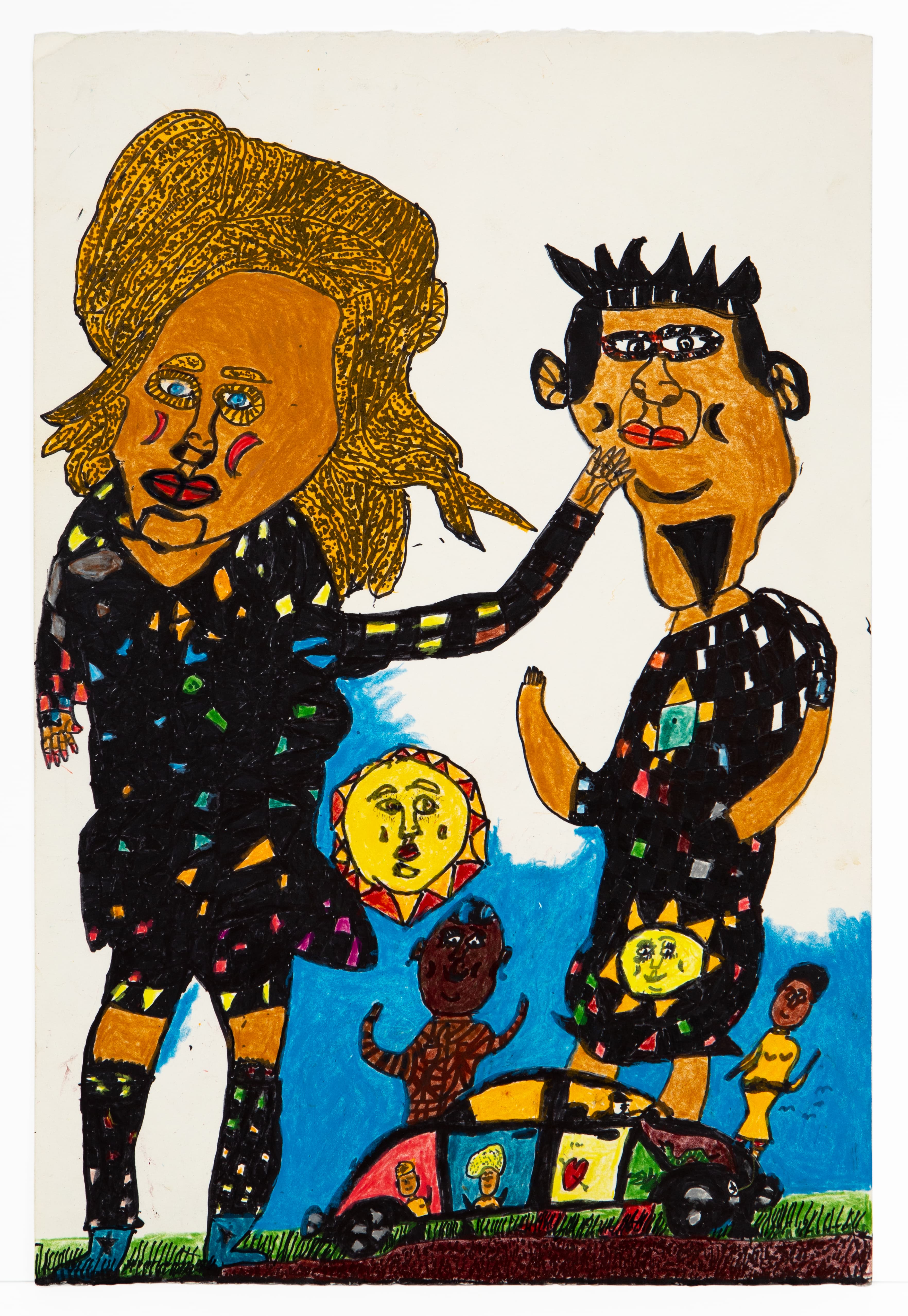 Drawing of two large figures in patterned black clothing with smaller figures and car below, mixed media on paper