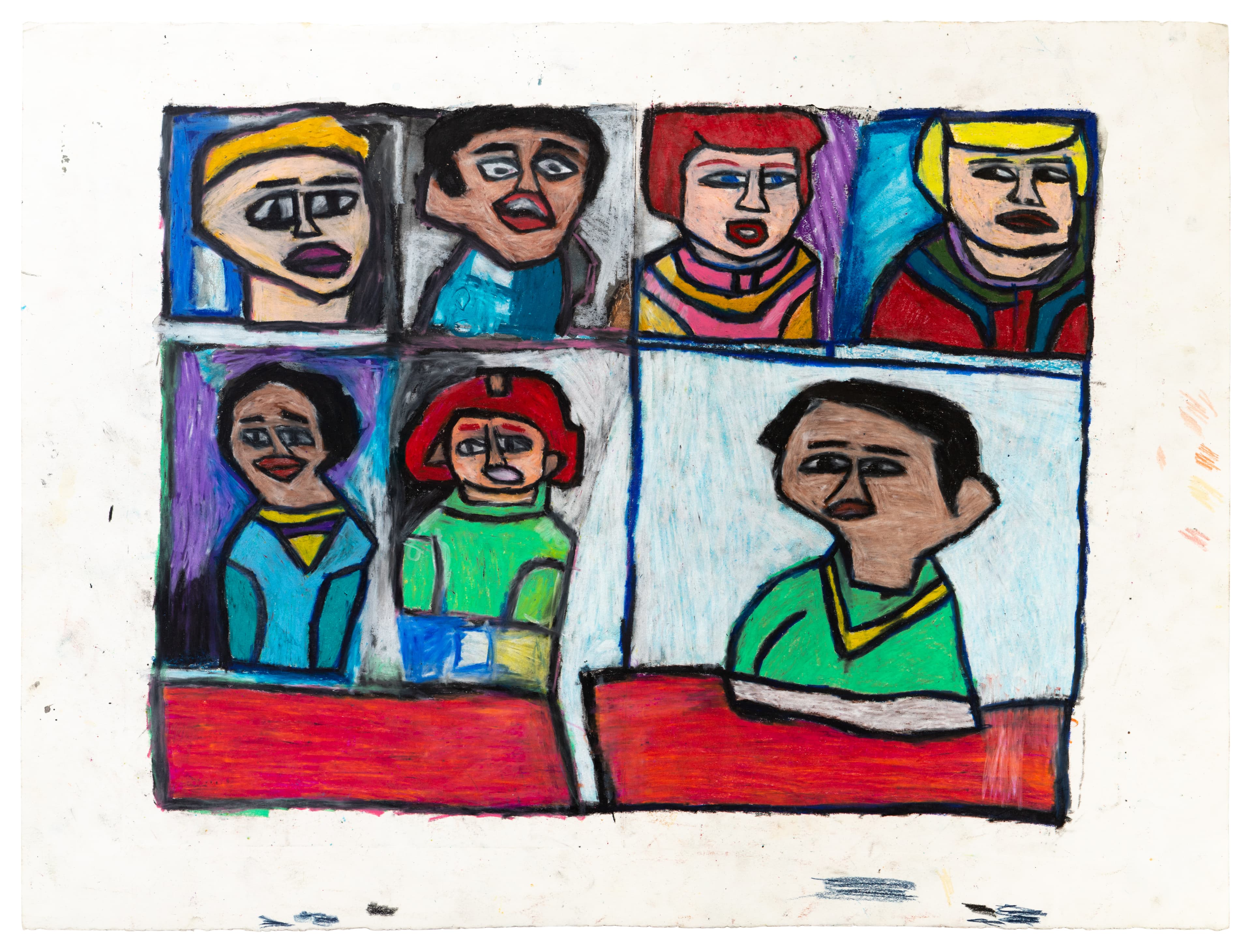 Drawing showing seven portrait panels arranged in grid format, depicting faces in colorful clothing, mixed media