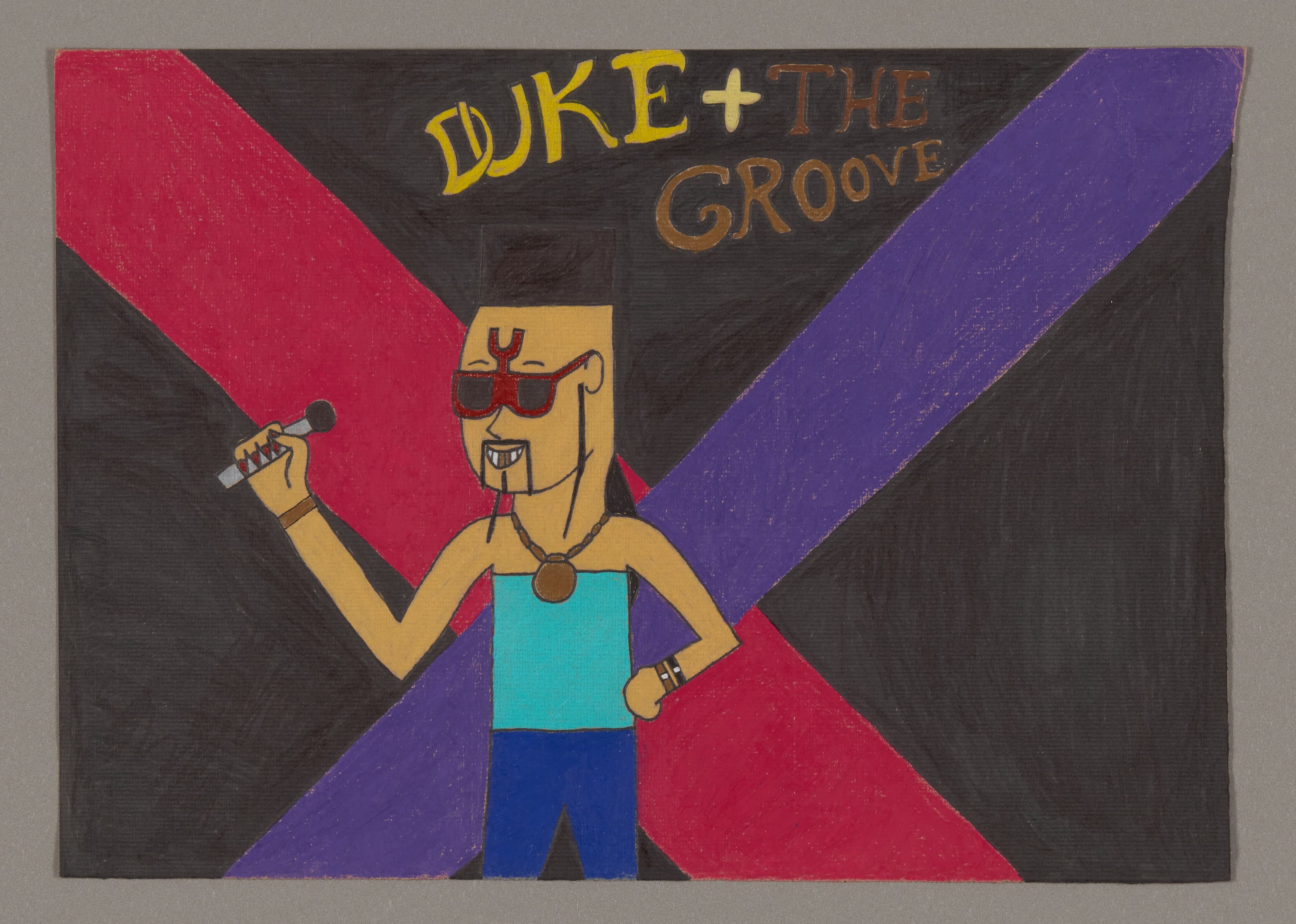 Drawing of figure with sunglasses holding microphone against geometric background with text 'DUKE + THE GROOVE'