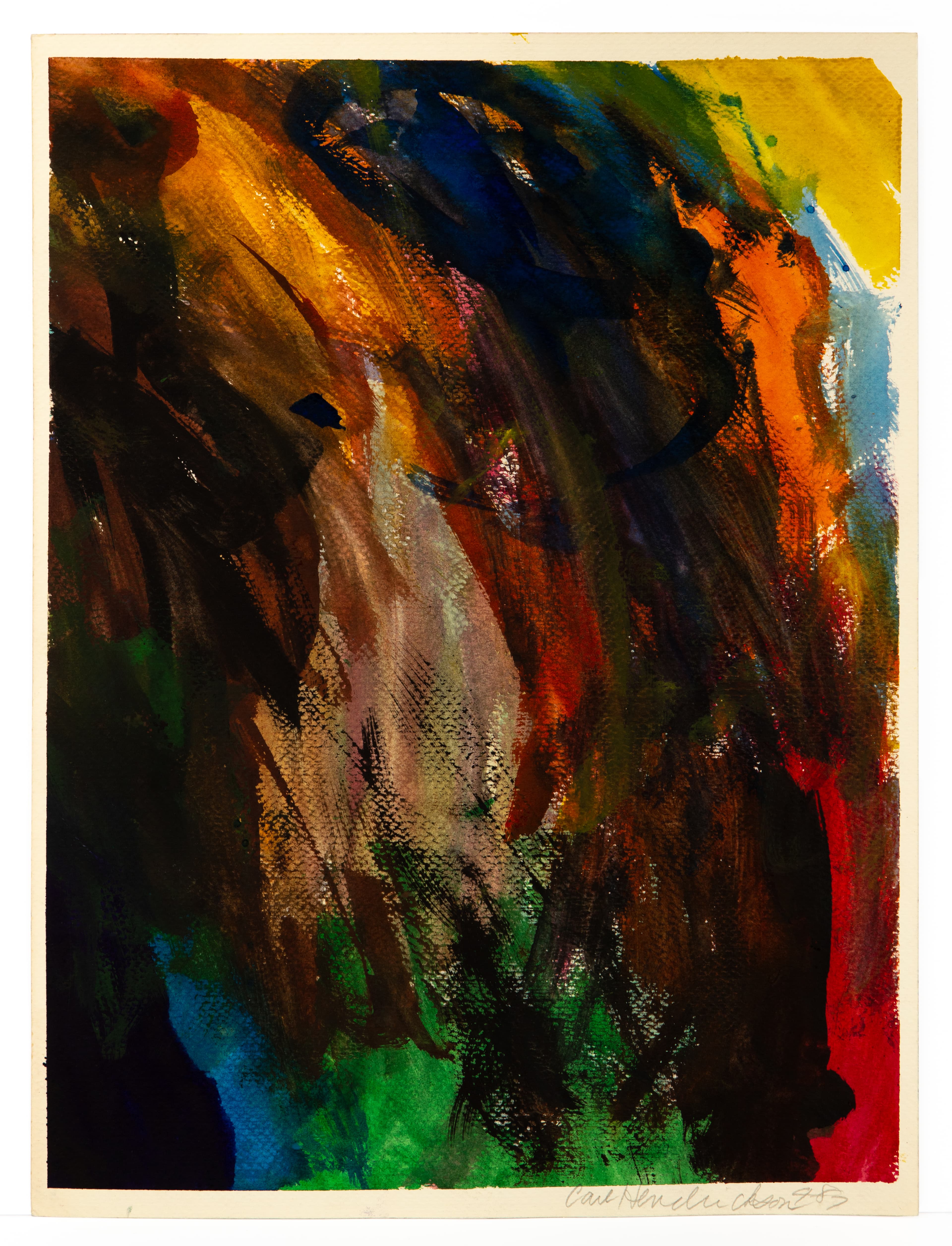 Abstract painting with bold brushstrokes in yellow, blue, orange, green, and brown paint on paper