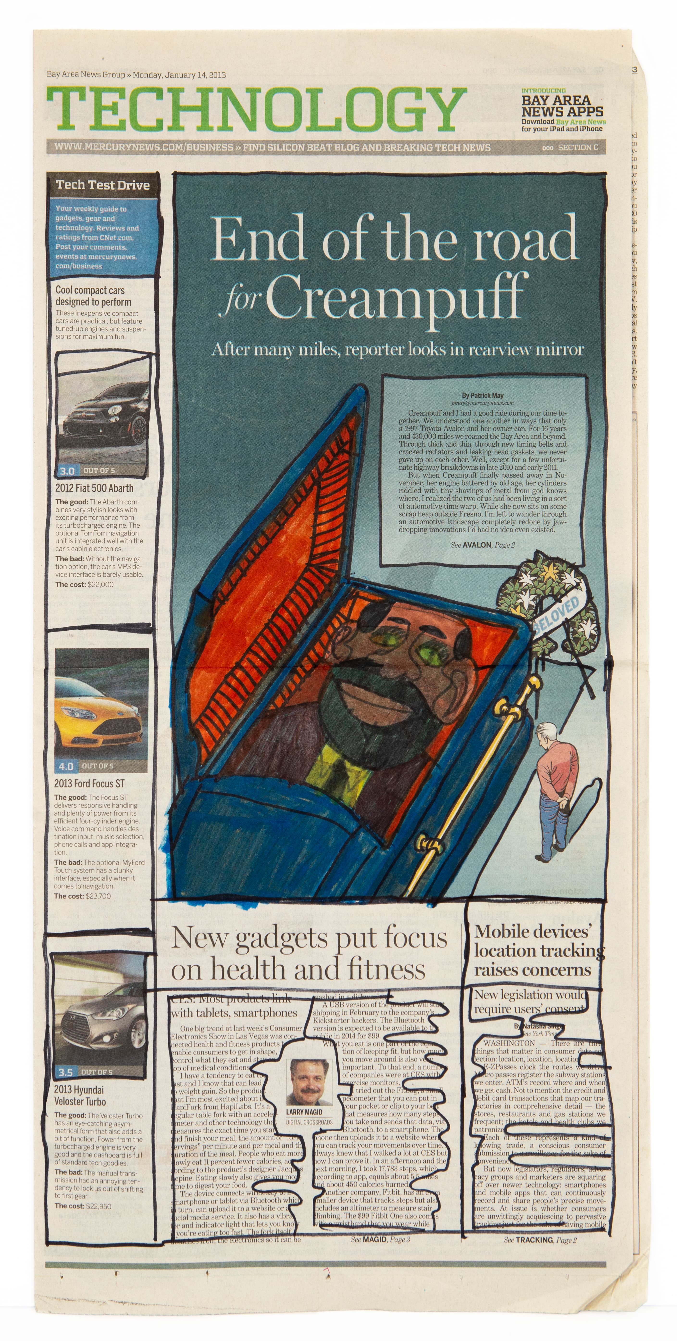 Mixed media artwork: ink drawing on newspaper technology section showing figures around large electronic device