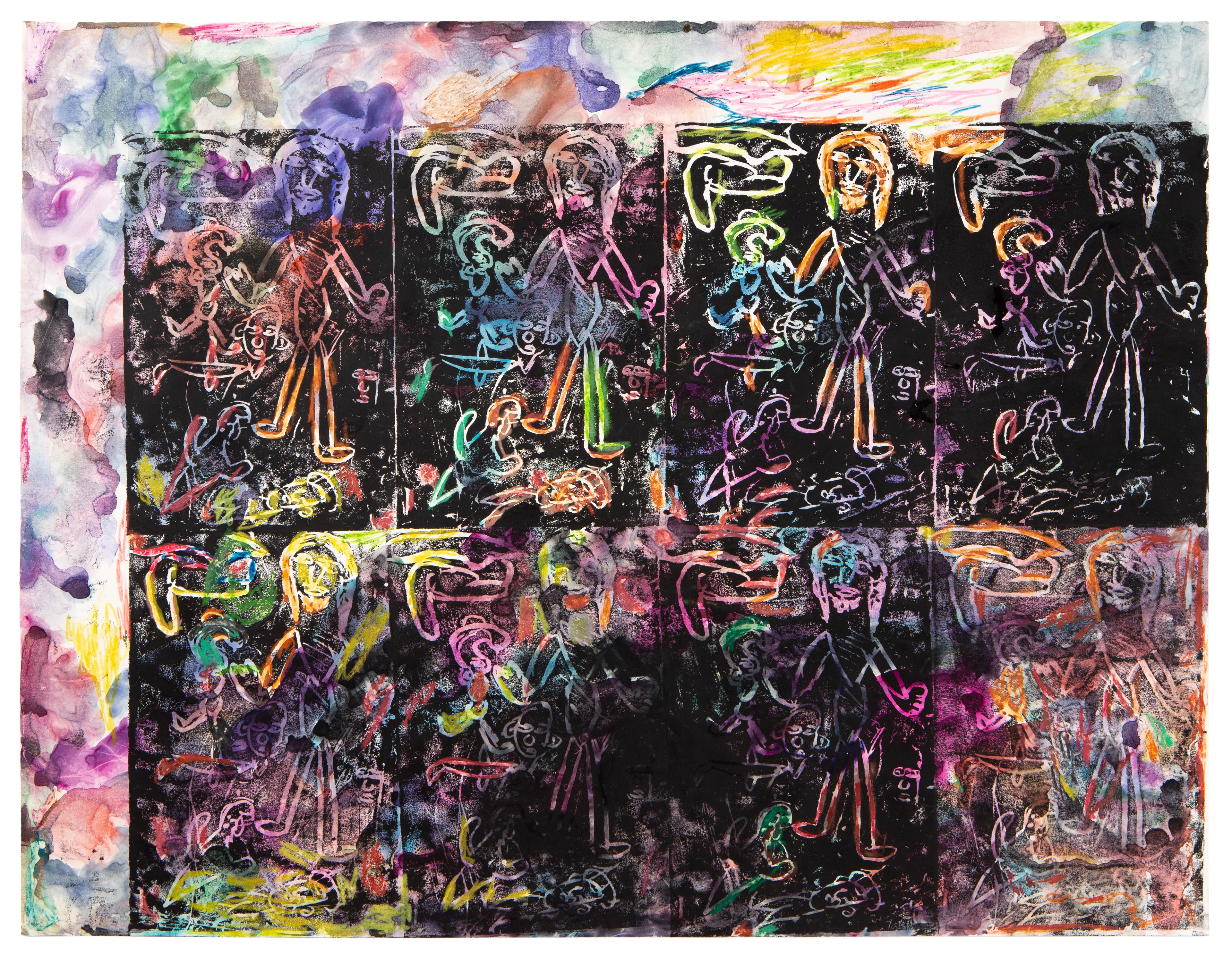 Mixed media artwork with colorful watercolor border surrounding grid of dark panels featuring outlined human figures