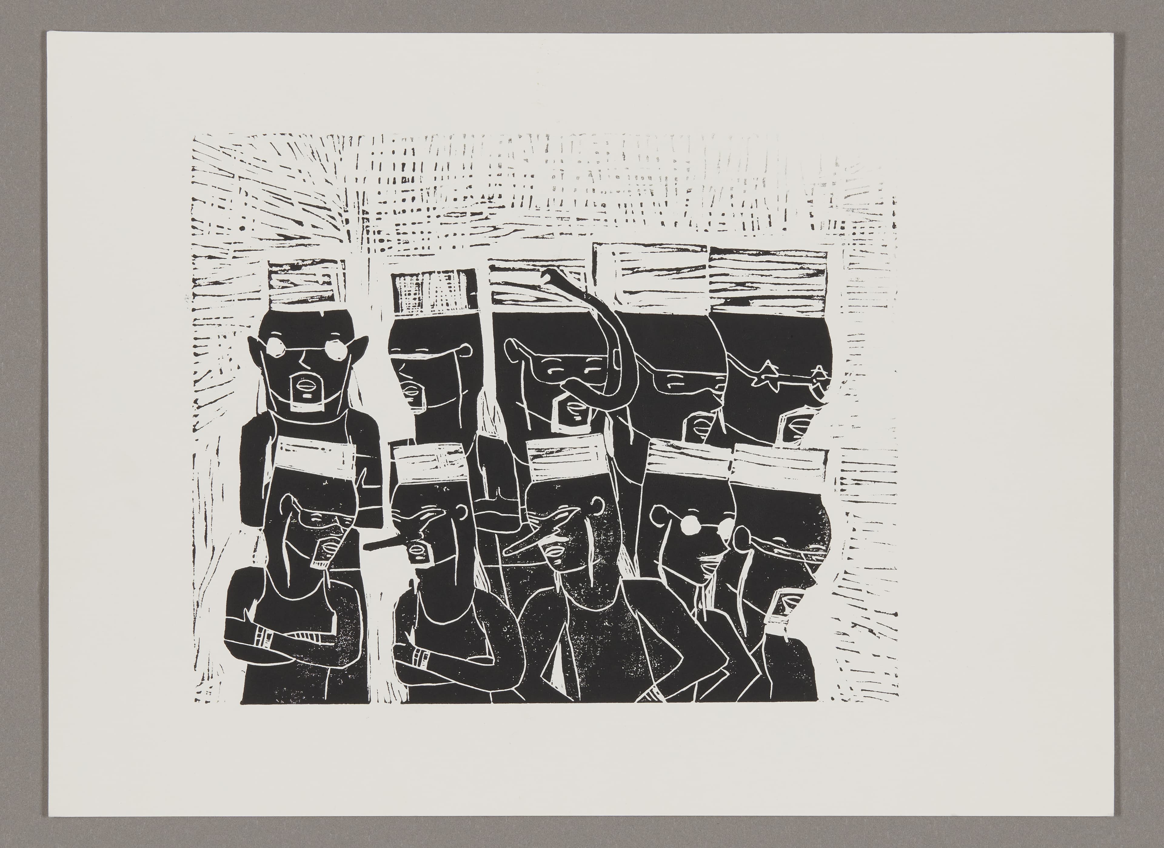 Black ink print showing multiple stylized human figures arranged in rows, created through printmaking technique