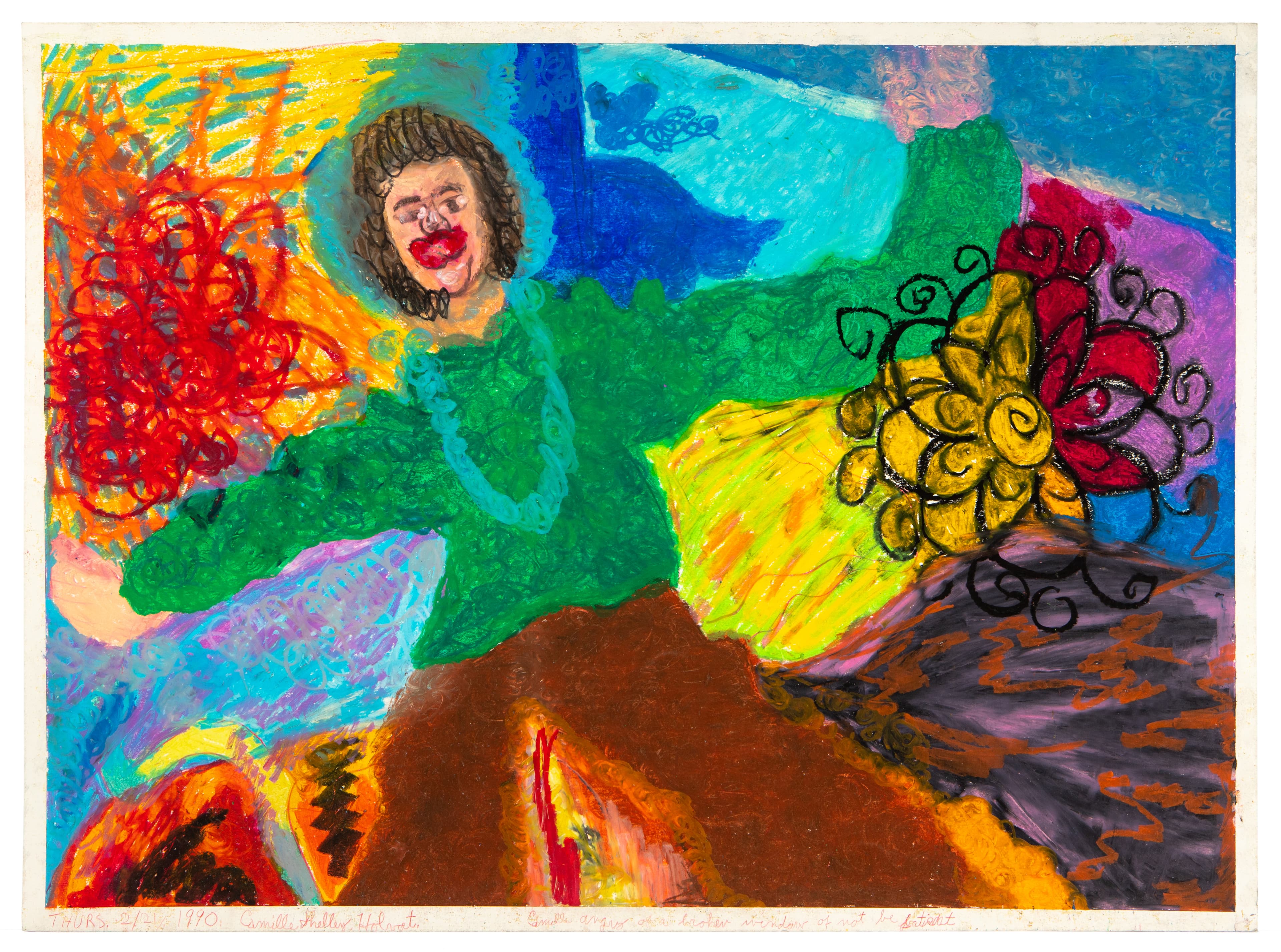Colorful mixed media artwork featuring a figure in green with curly hair amid vibrant abstract shapes and flowers