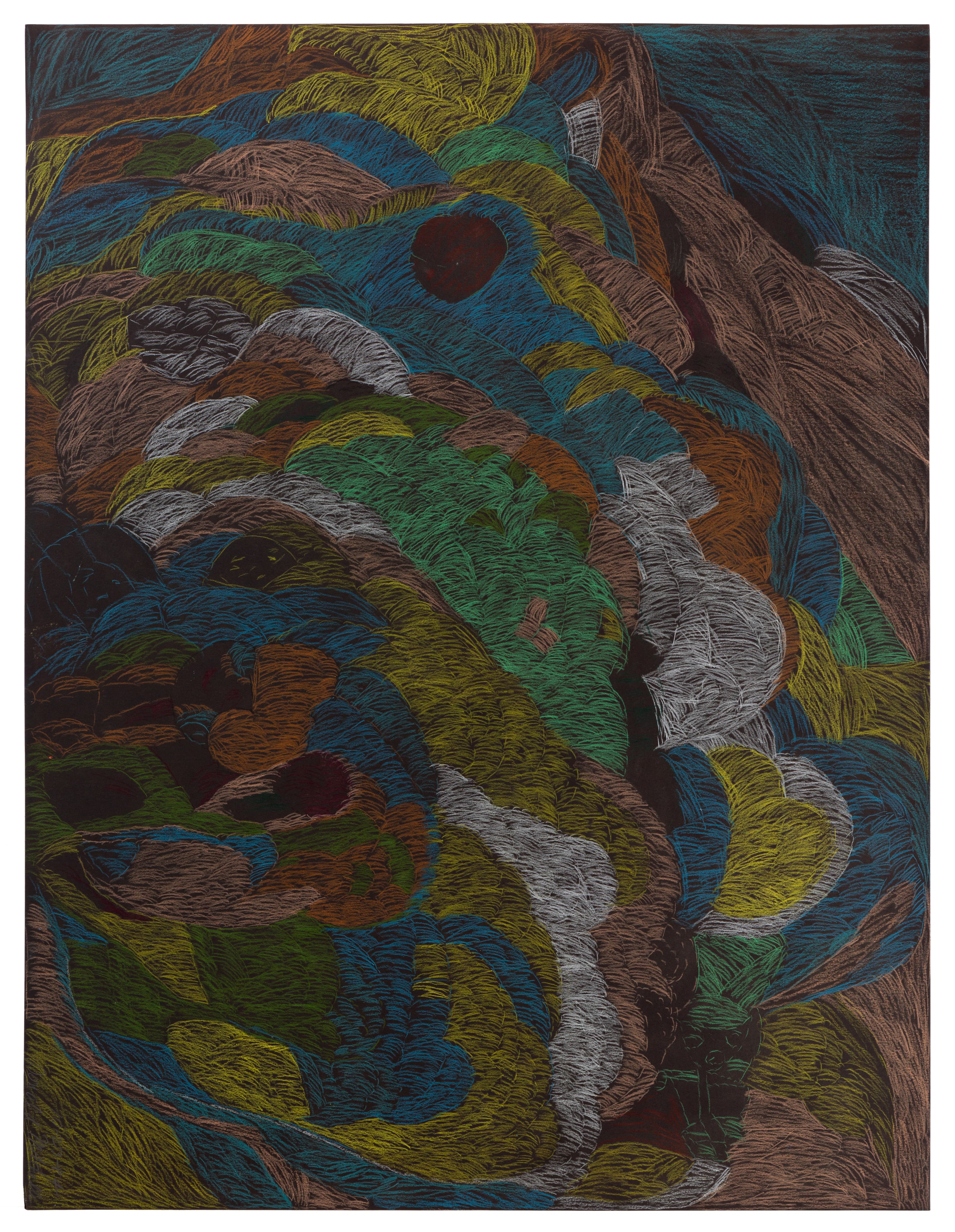 Abstract drawing with swirling organic forms in colored pencil, featuring blues, greens, browns, and grays