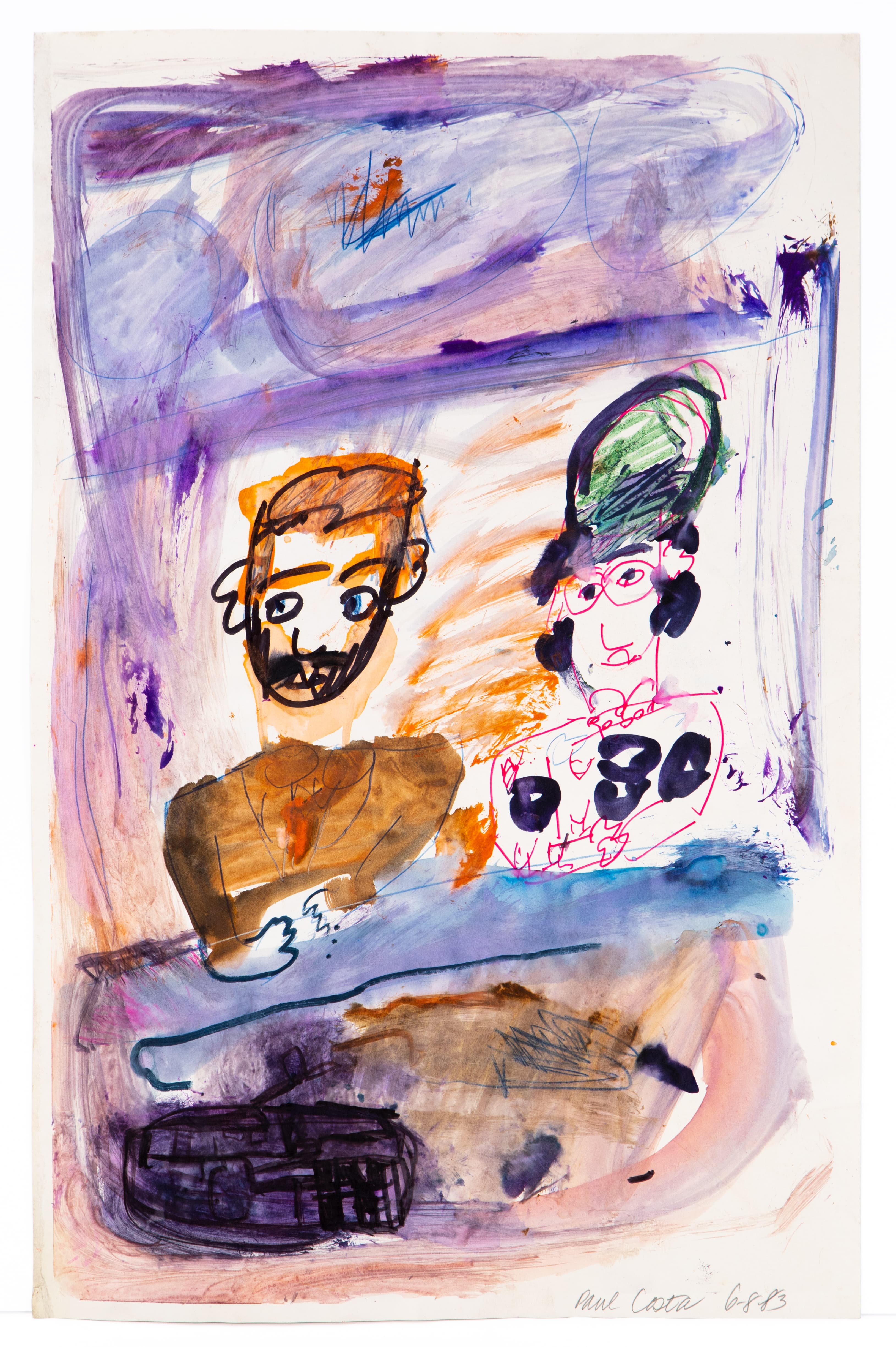 Mixed media painting with two portrait figures in purple-framed composition, ink and watercolor on paper