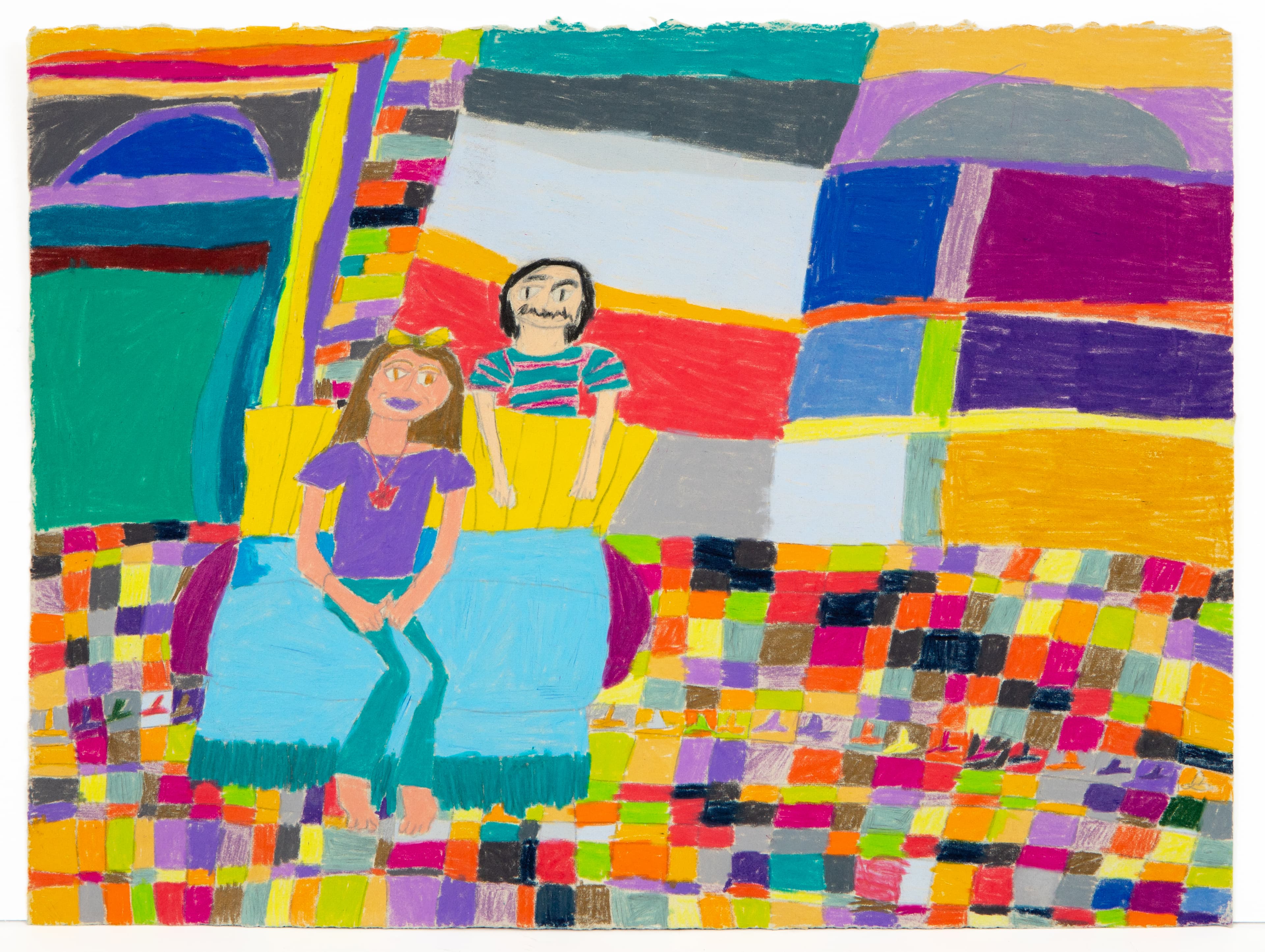Mixed media artwork showing two figures sitting on a blue couch against colorful geometric background and checkered floor