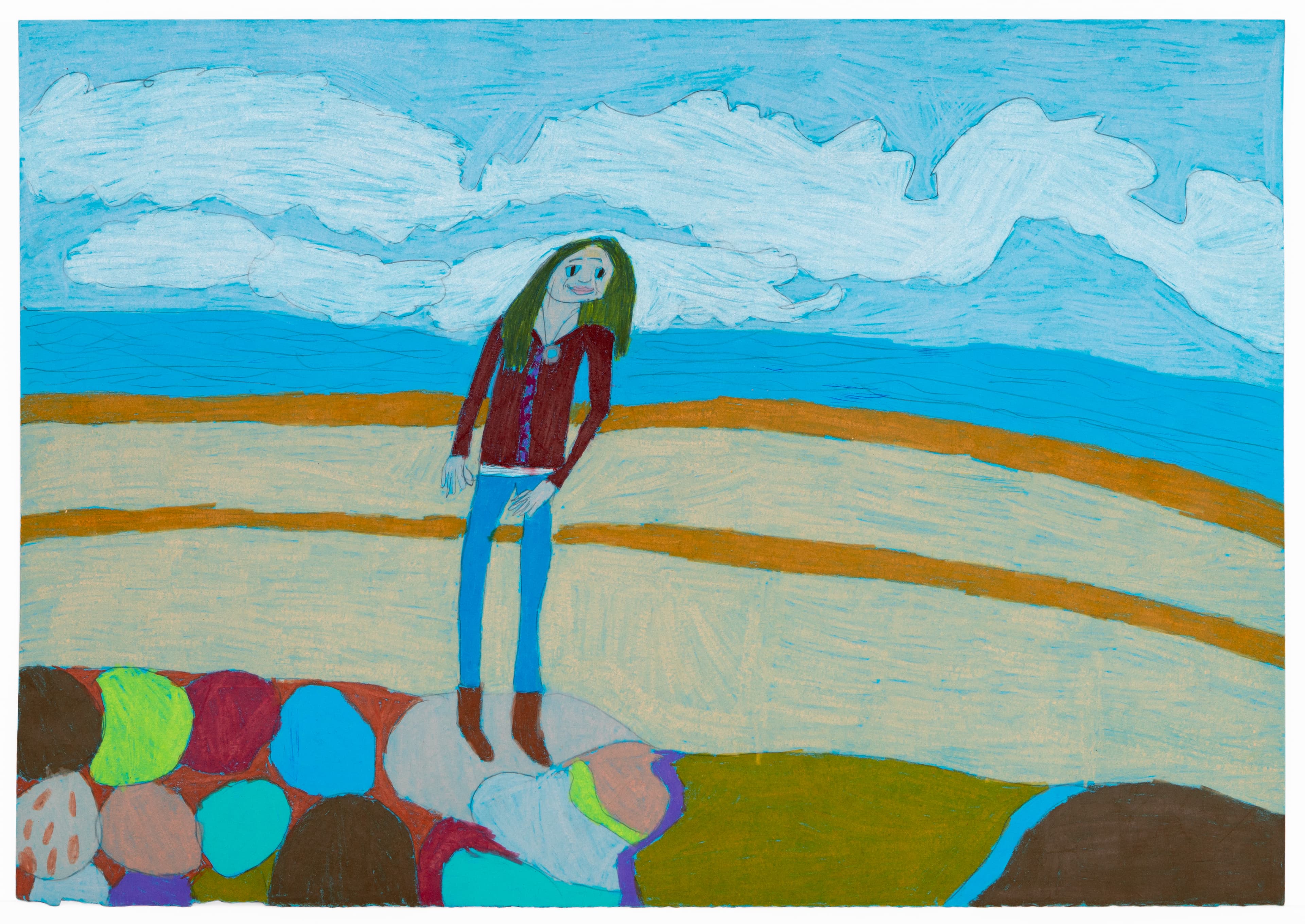Colored pencil drawing of a figure with long hair standing on a beach with colorful rocks in foreground