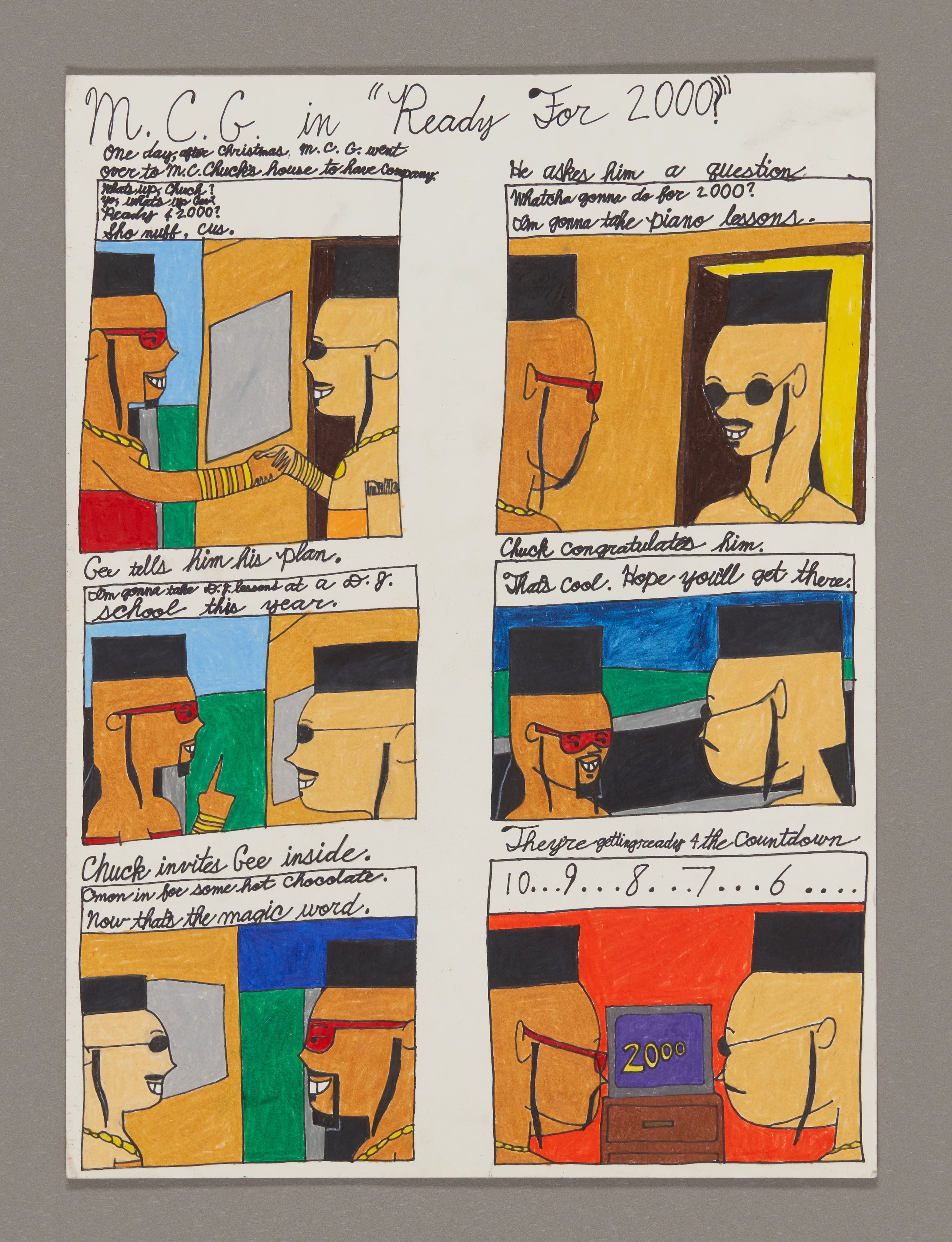 Comic strip titled 'M.C.G. in Ready For 2000?' with six panels showing characters in conversation, drawn in colored pencil