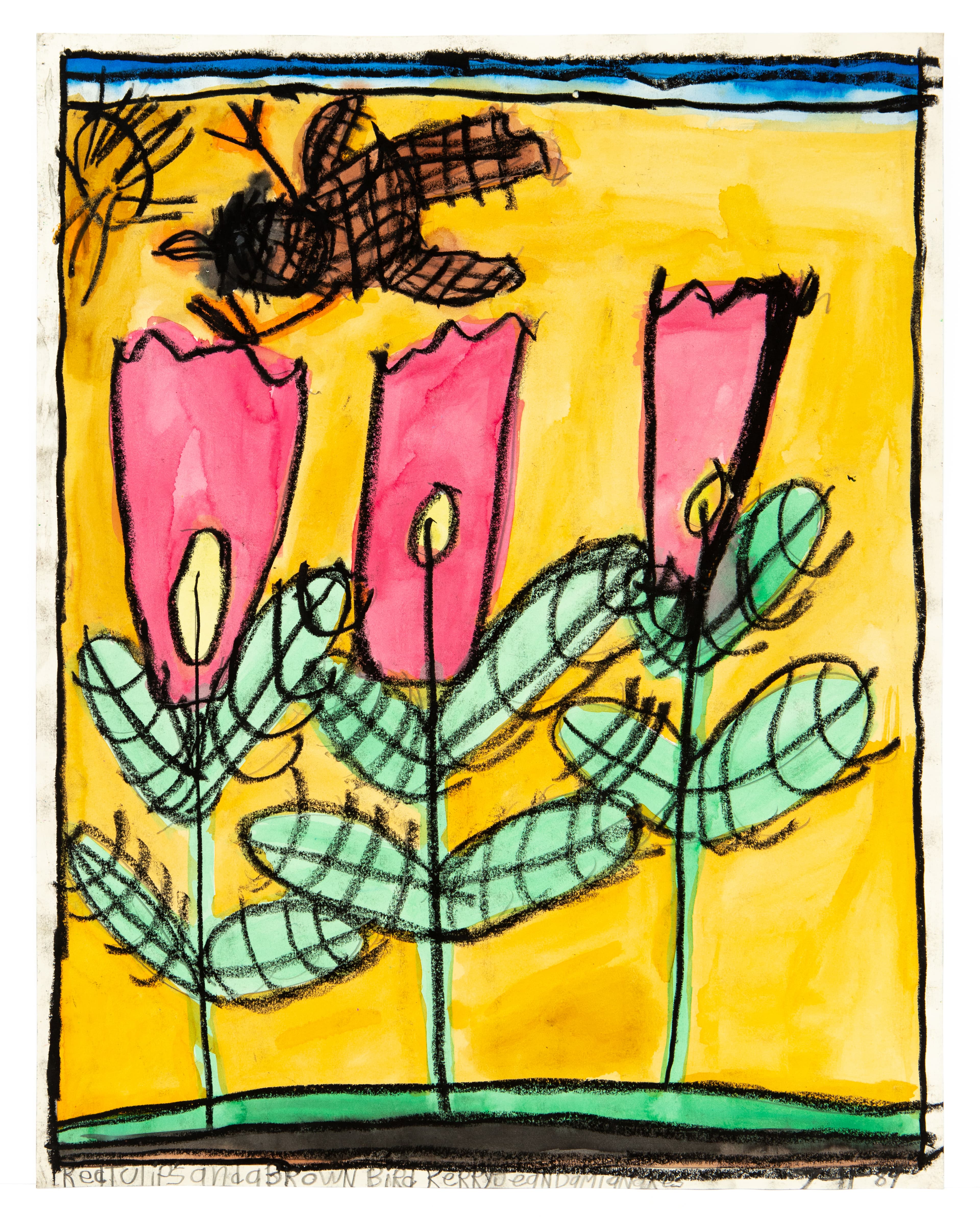 Drawing of three pink tulips with green leaves on yellow background, brown bird flying above, pastel on paper