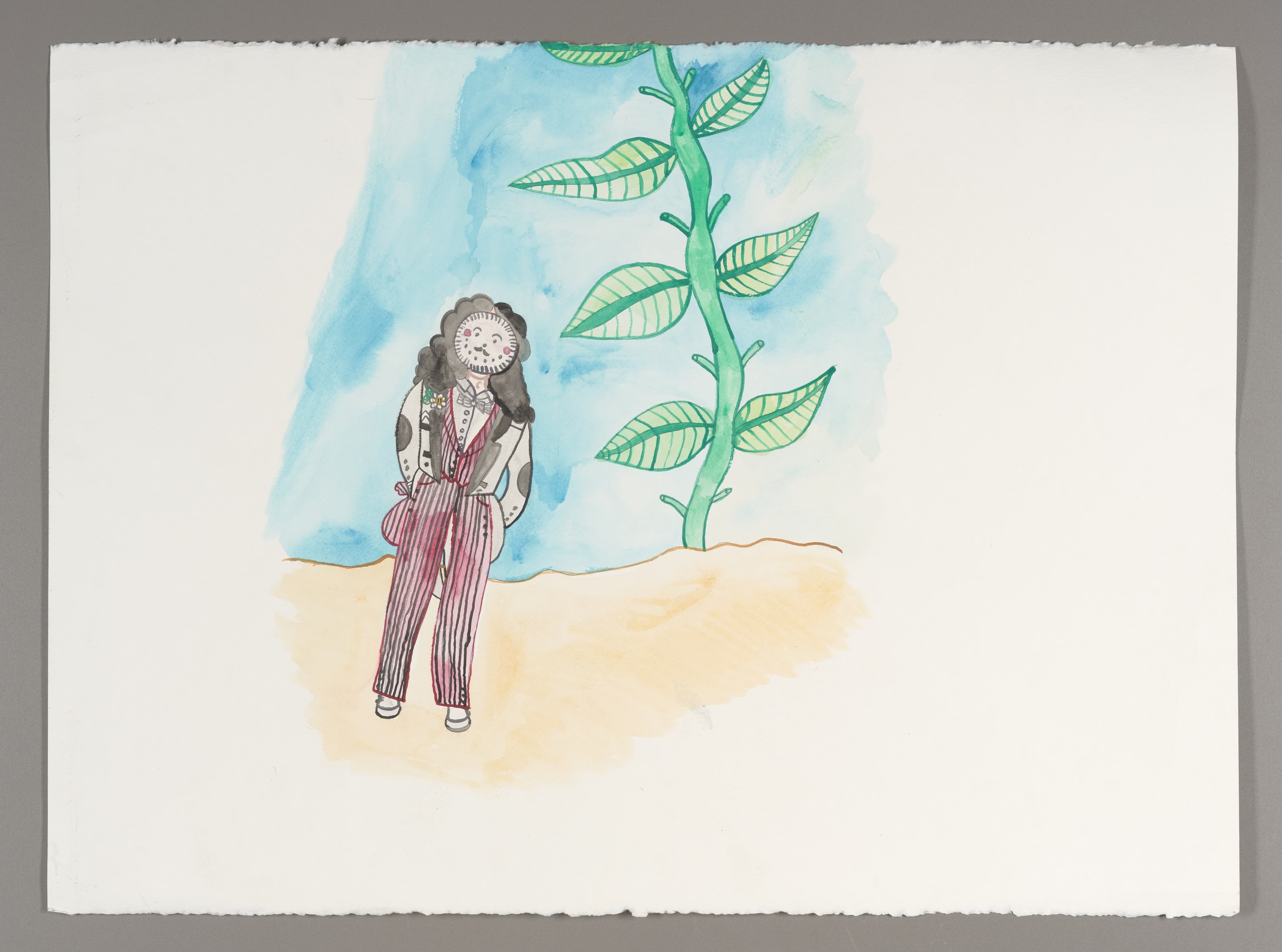 Watercolor painting showing a figure in striped clothing standing next to a tall green plant with leaves