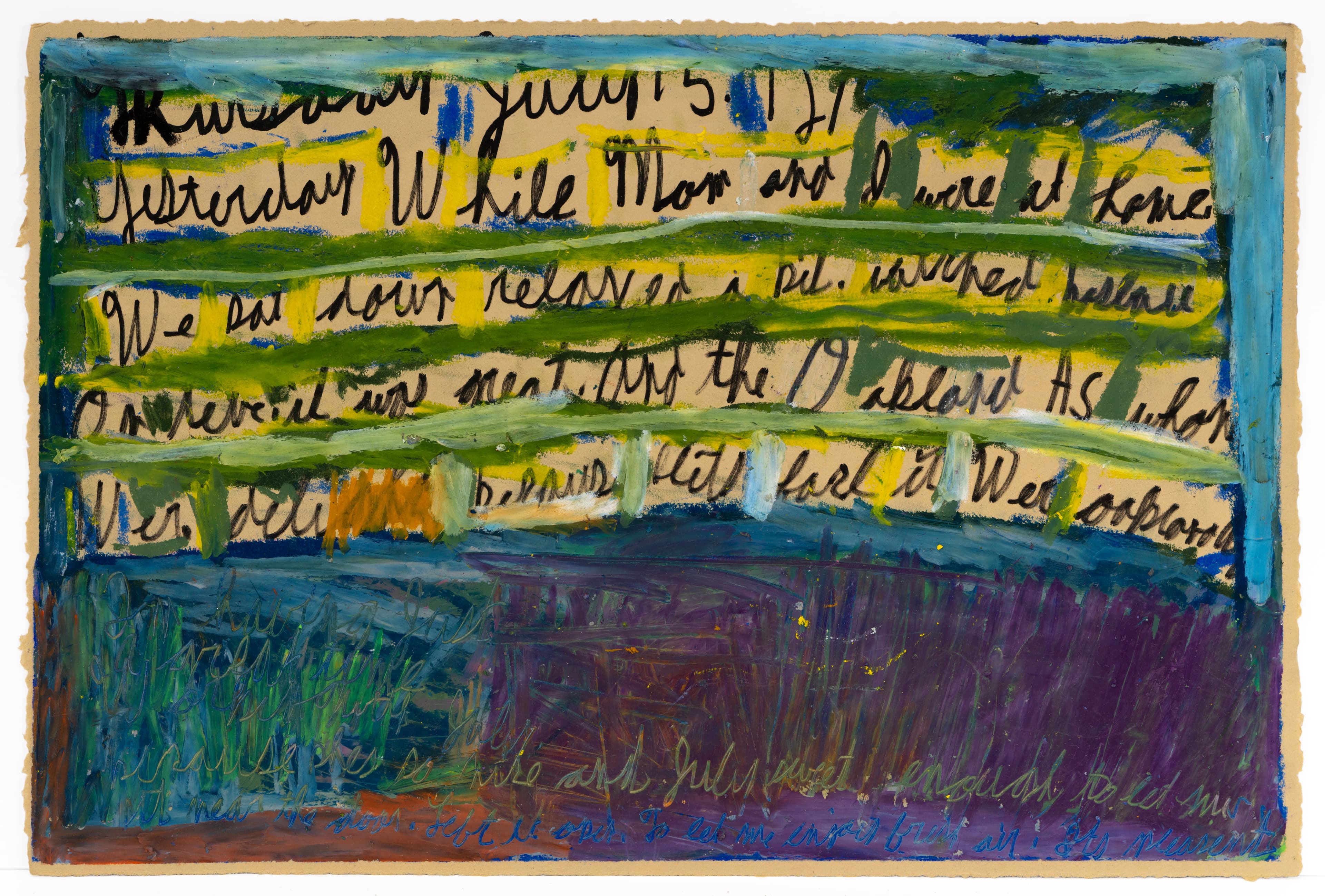 Mixed media artwork with handwritten text on horizontal green and yellow bands over blue and purple background