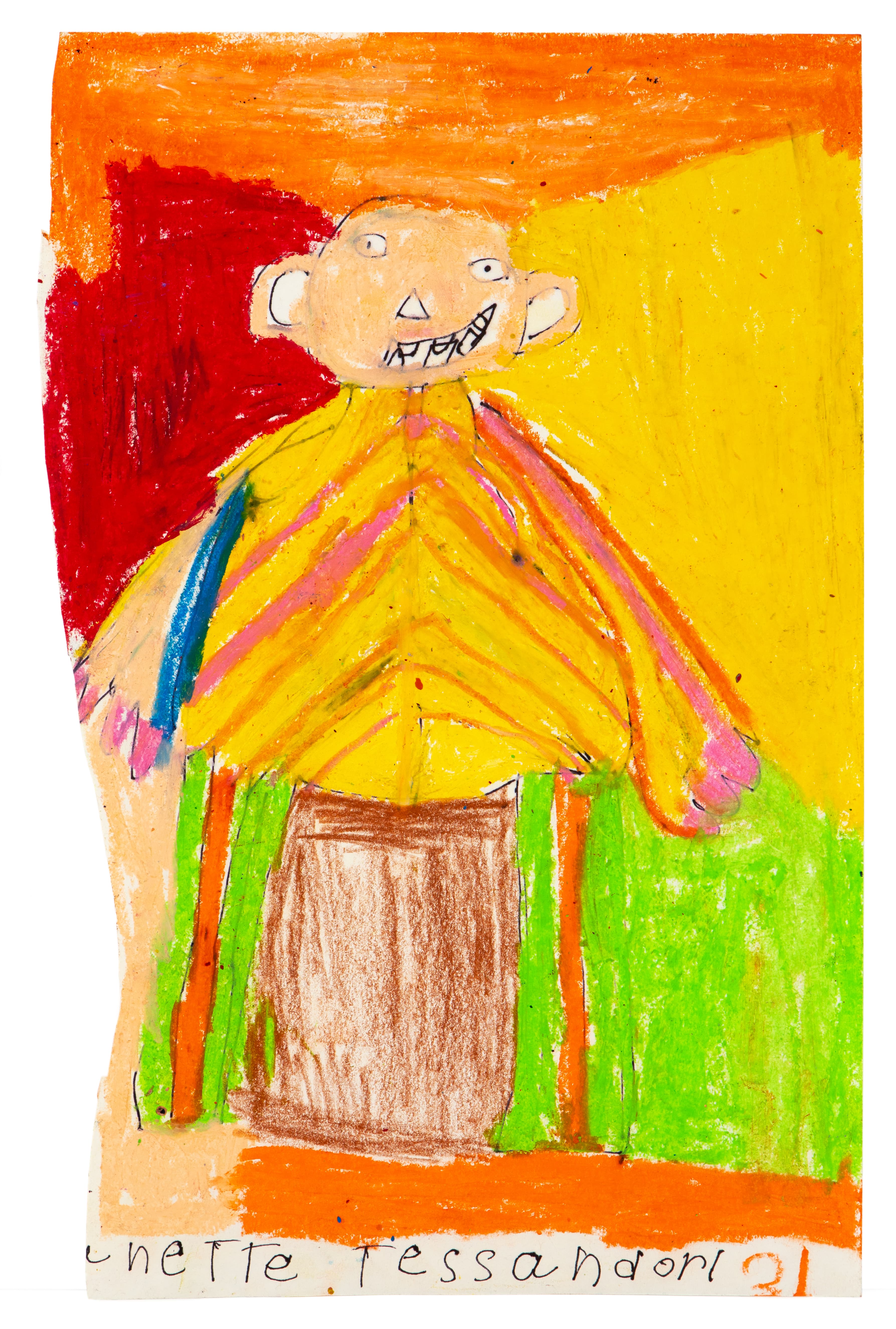 Colorful drawing of a figure with triangular nose in yellow striped clothing standing behind green structure, mixed media