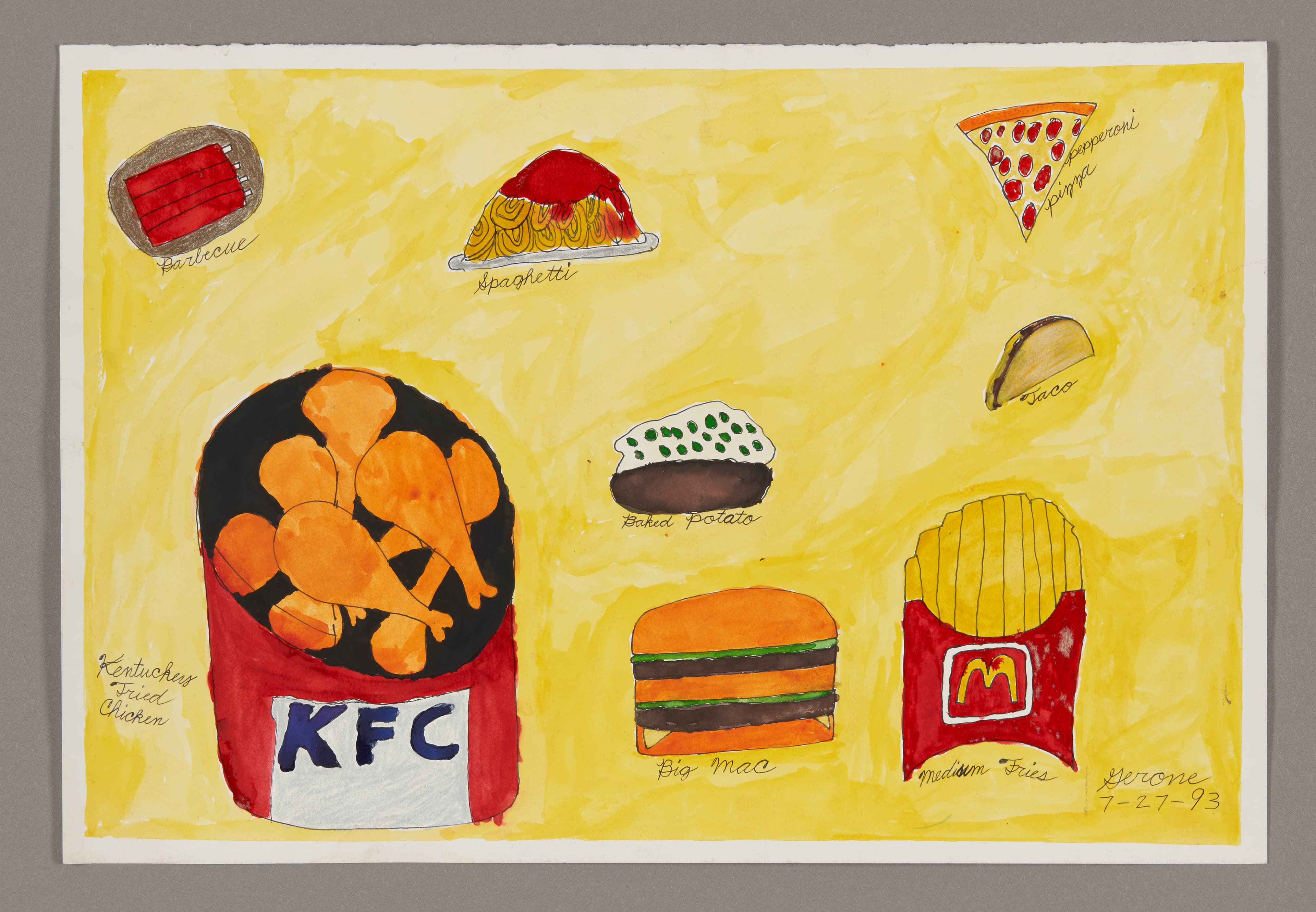 Painting of various fast foods including KFC bucket, Big Mac, pizza slice, and fries on yellow background in acrylic and ink
