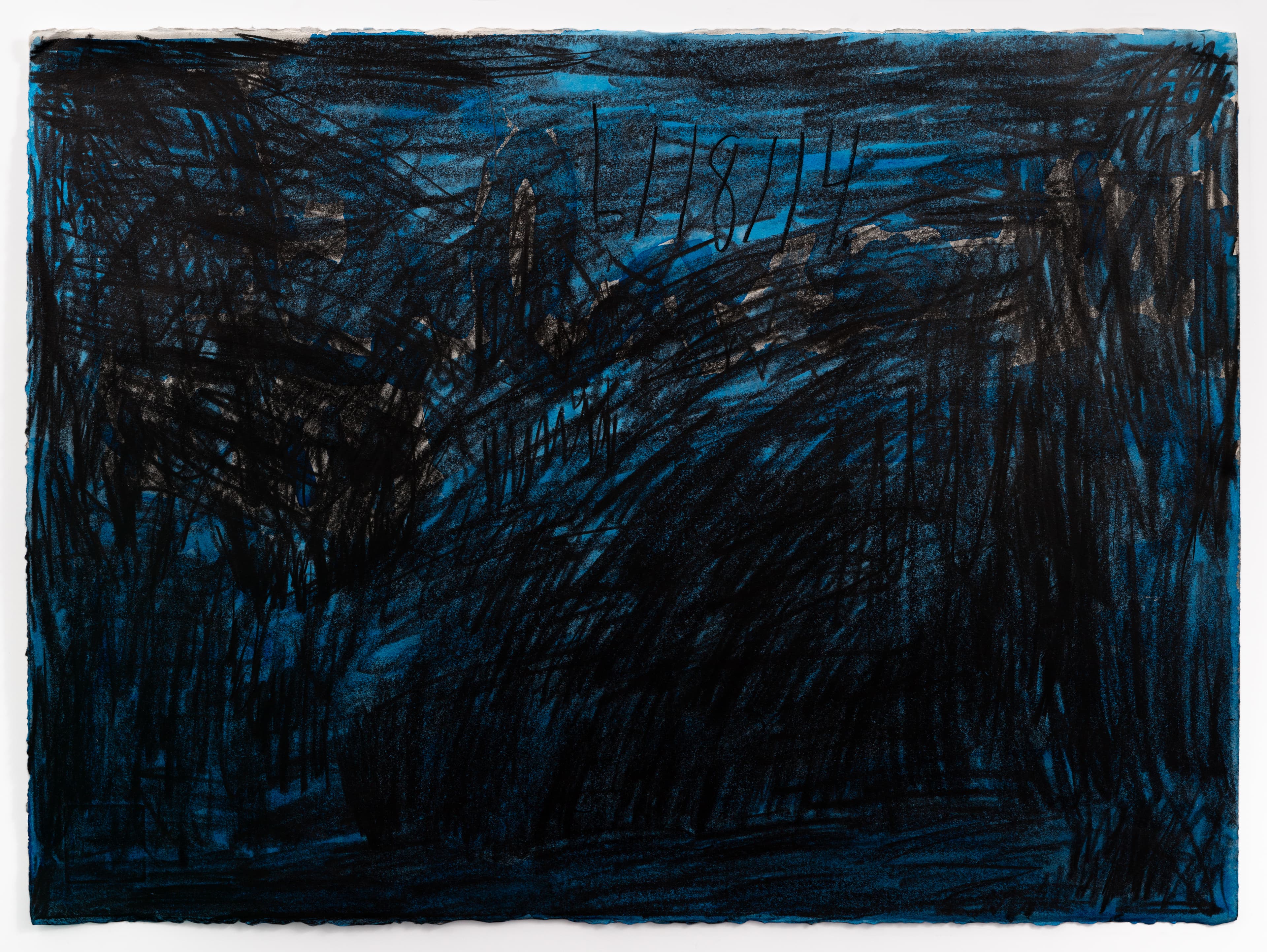 Abstract drawing with energetic black scribbled lines over blue background, mixed media on paper