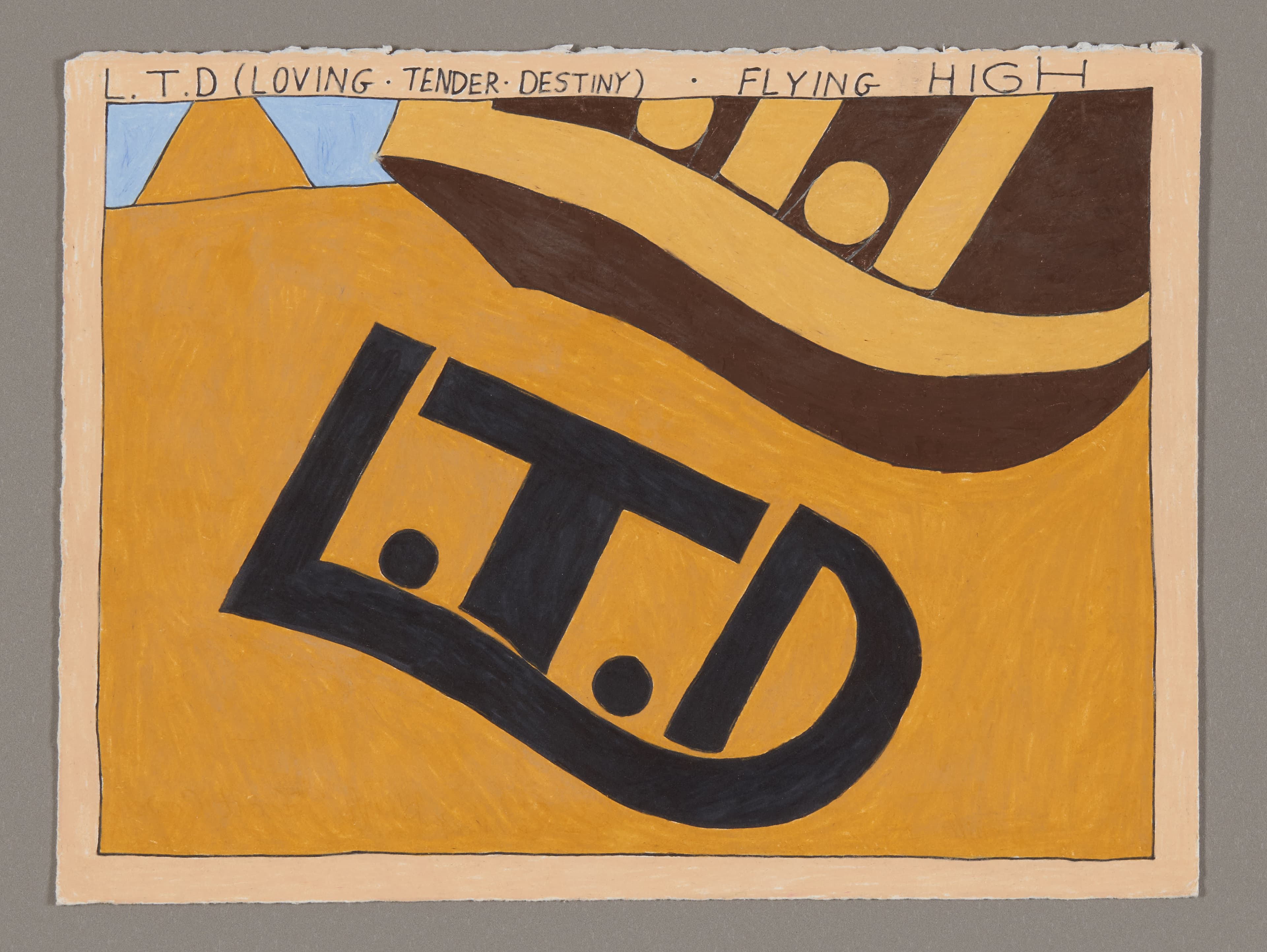Drawing of album cover design with large 'LTD' letters in black on orange background, curved design elements above