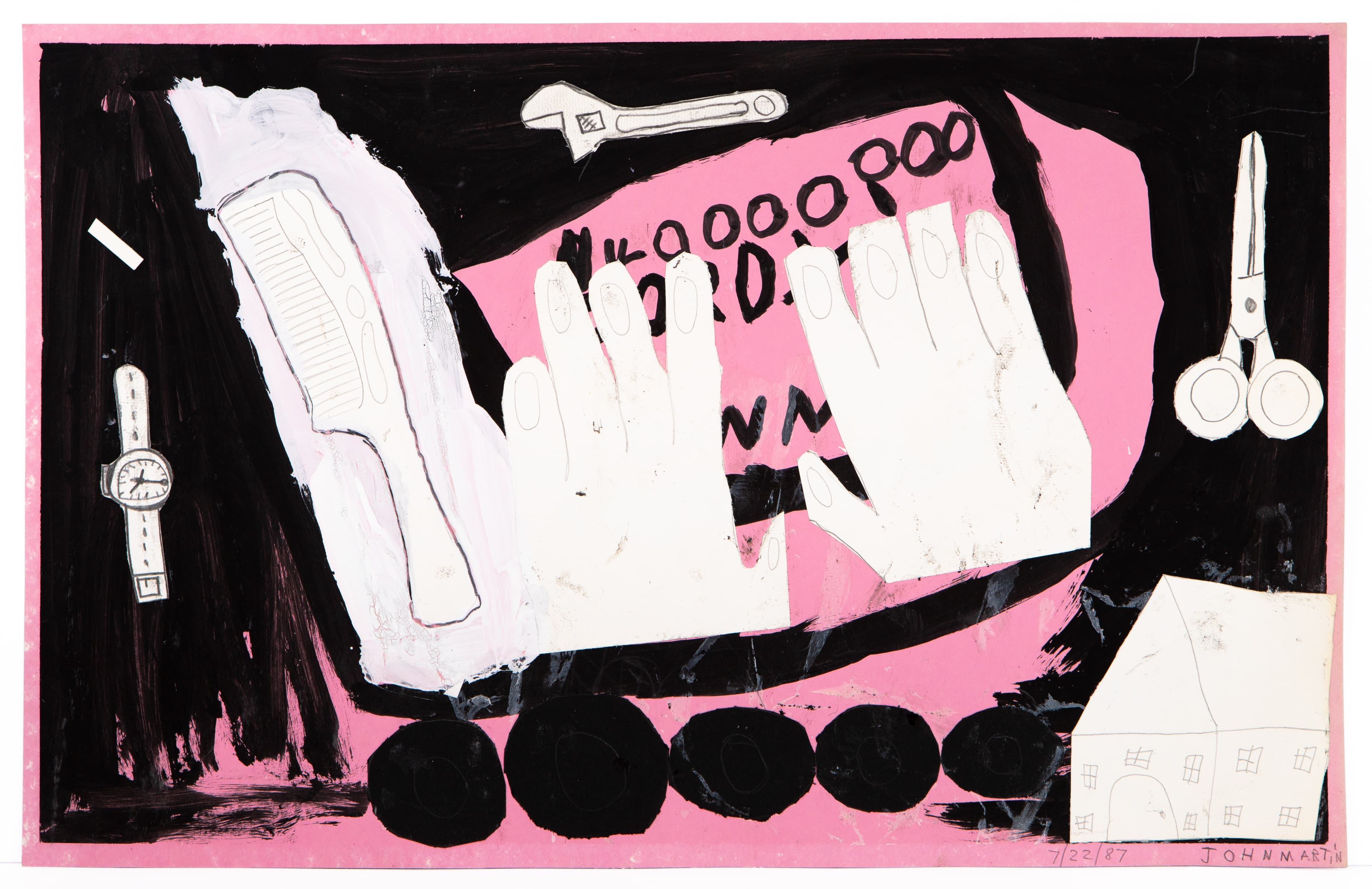 Mixed media drawing with white hands, scissors, and tools on pink and black background