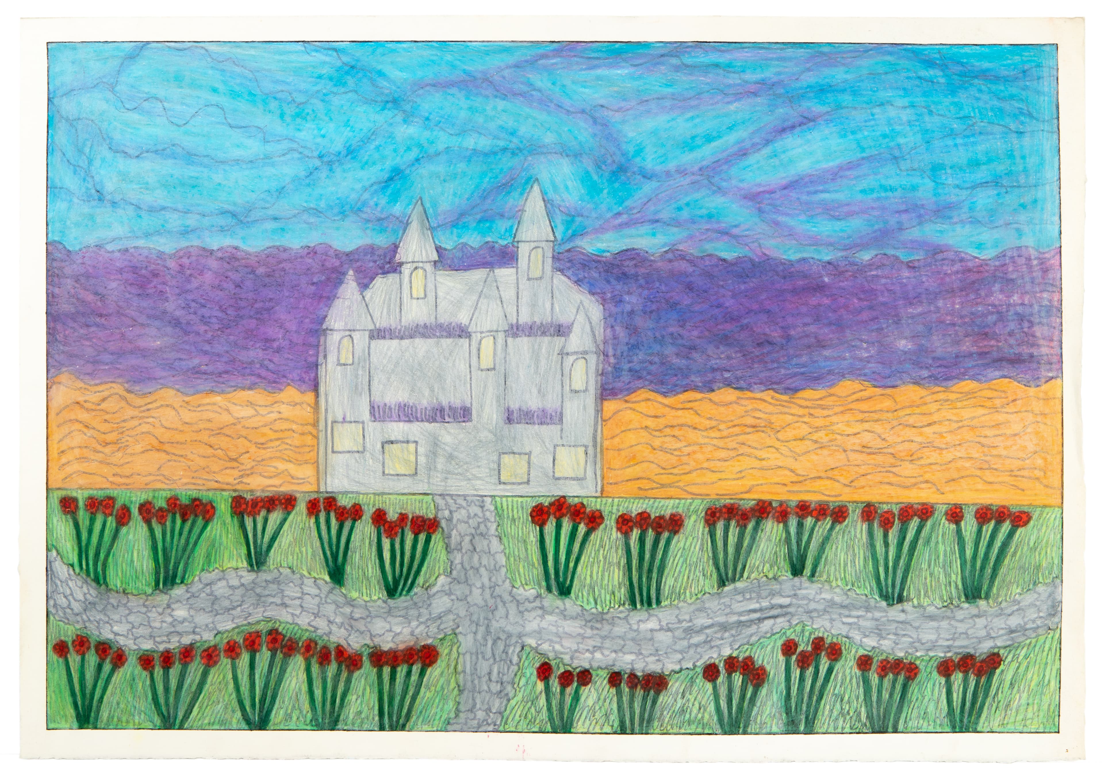 Drawing of gray castle with twin towers amid layered landscape of red flowers, green grass, orange hills, purple mountains