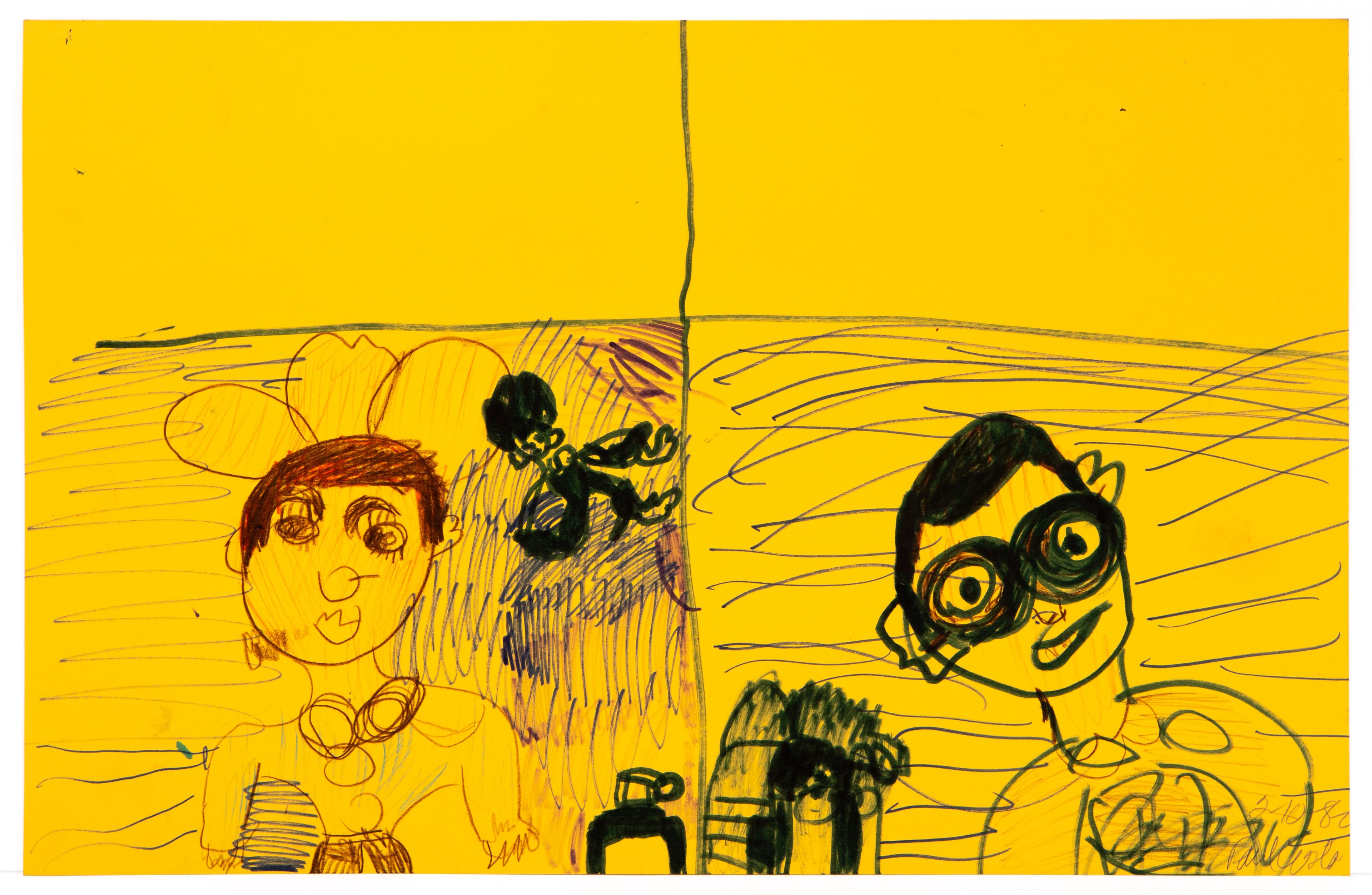 Drawing of multiple figures in ink and pencil on bright yellow paper