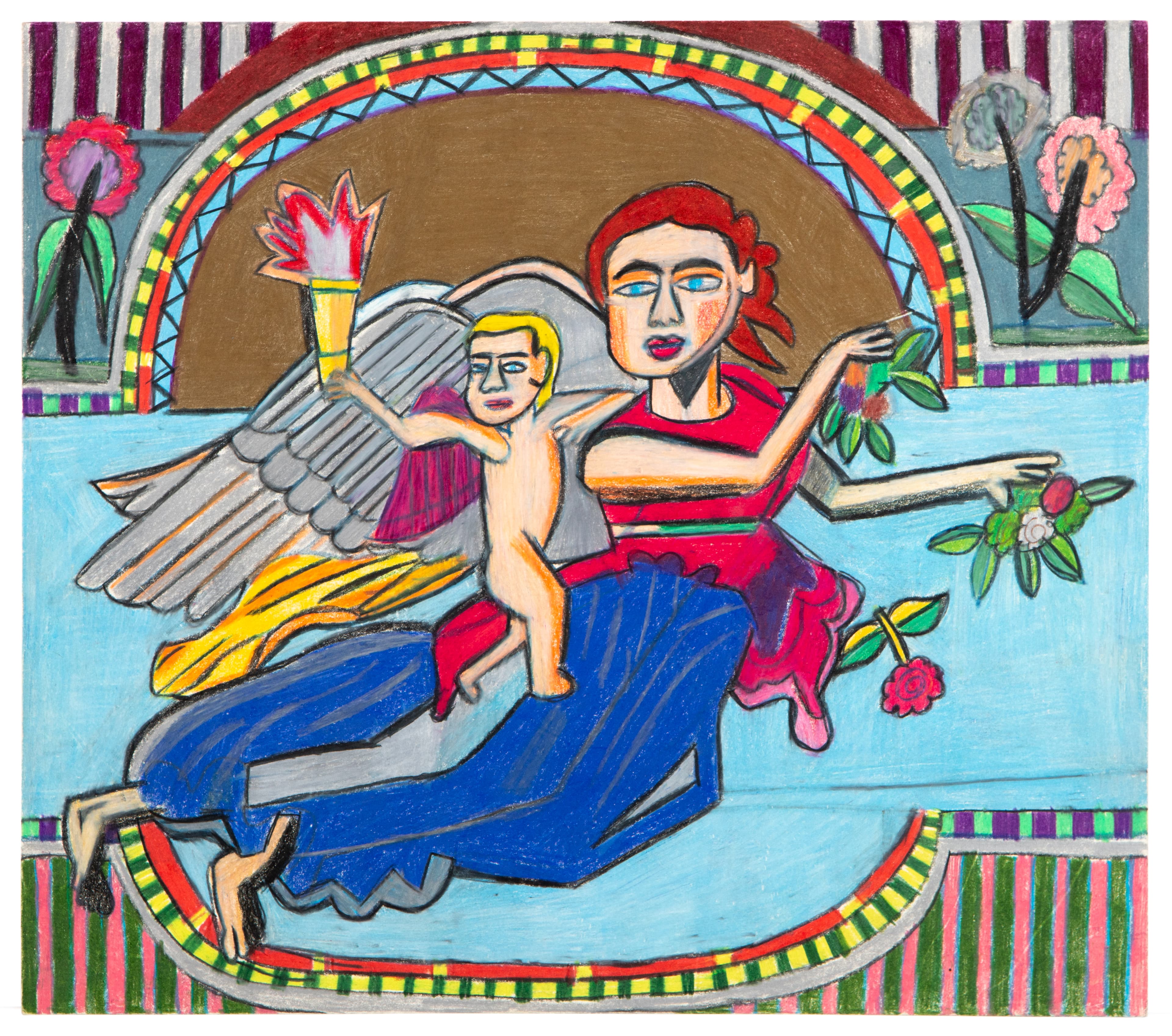 Mixed media drawing of a seated figure in blue dress holding winged child, surrounded by decorative border