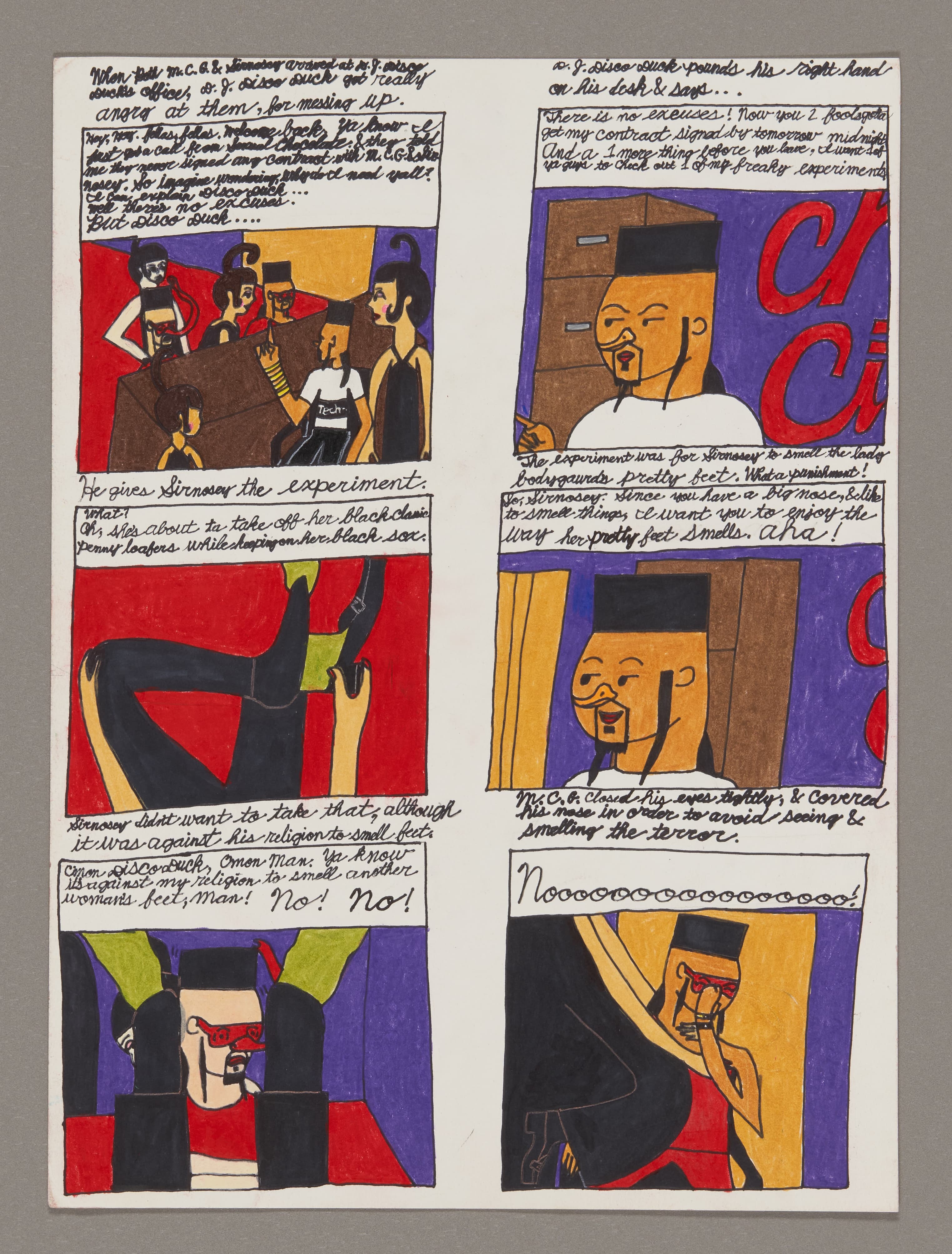 Comic strip artwork with six panels featuring figures and handwritten text, created with color stix, ink, and colored pencil