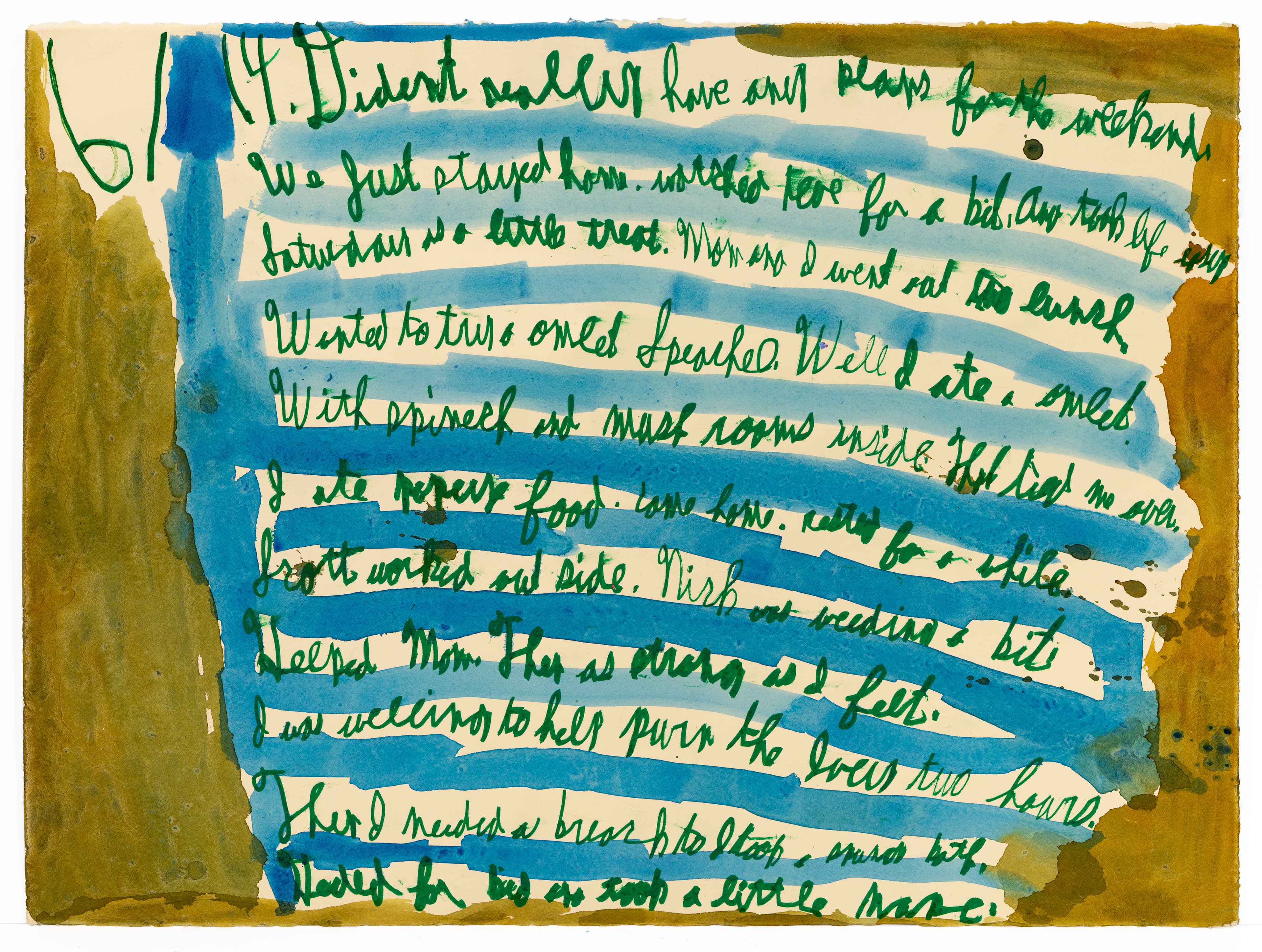 Mixed media artwork with handwritten text in green ink over blue and brown watercolor washes