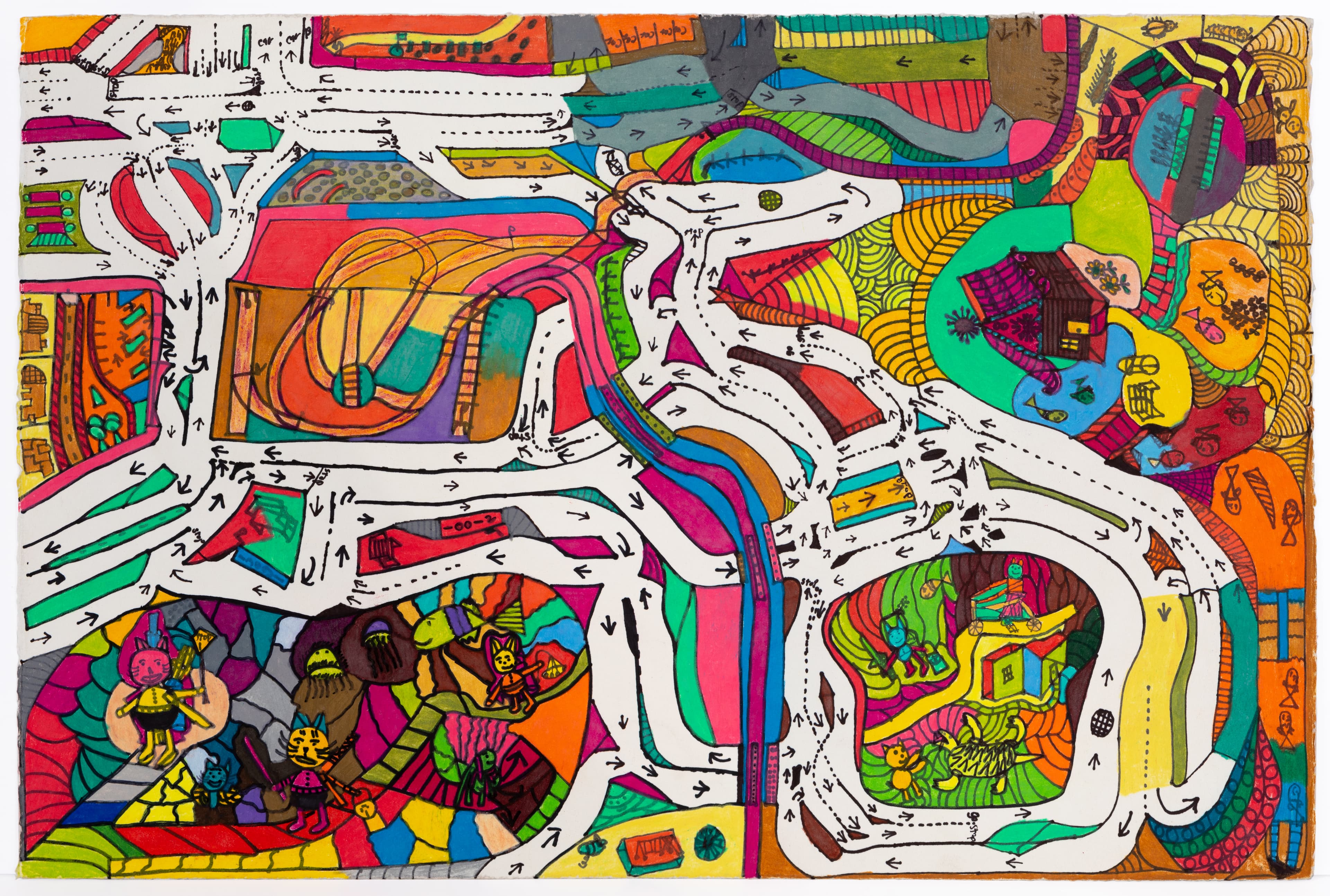 Colored pencil and ink drawing featuring white winding pathways through vibrant geometric and organic forms