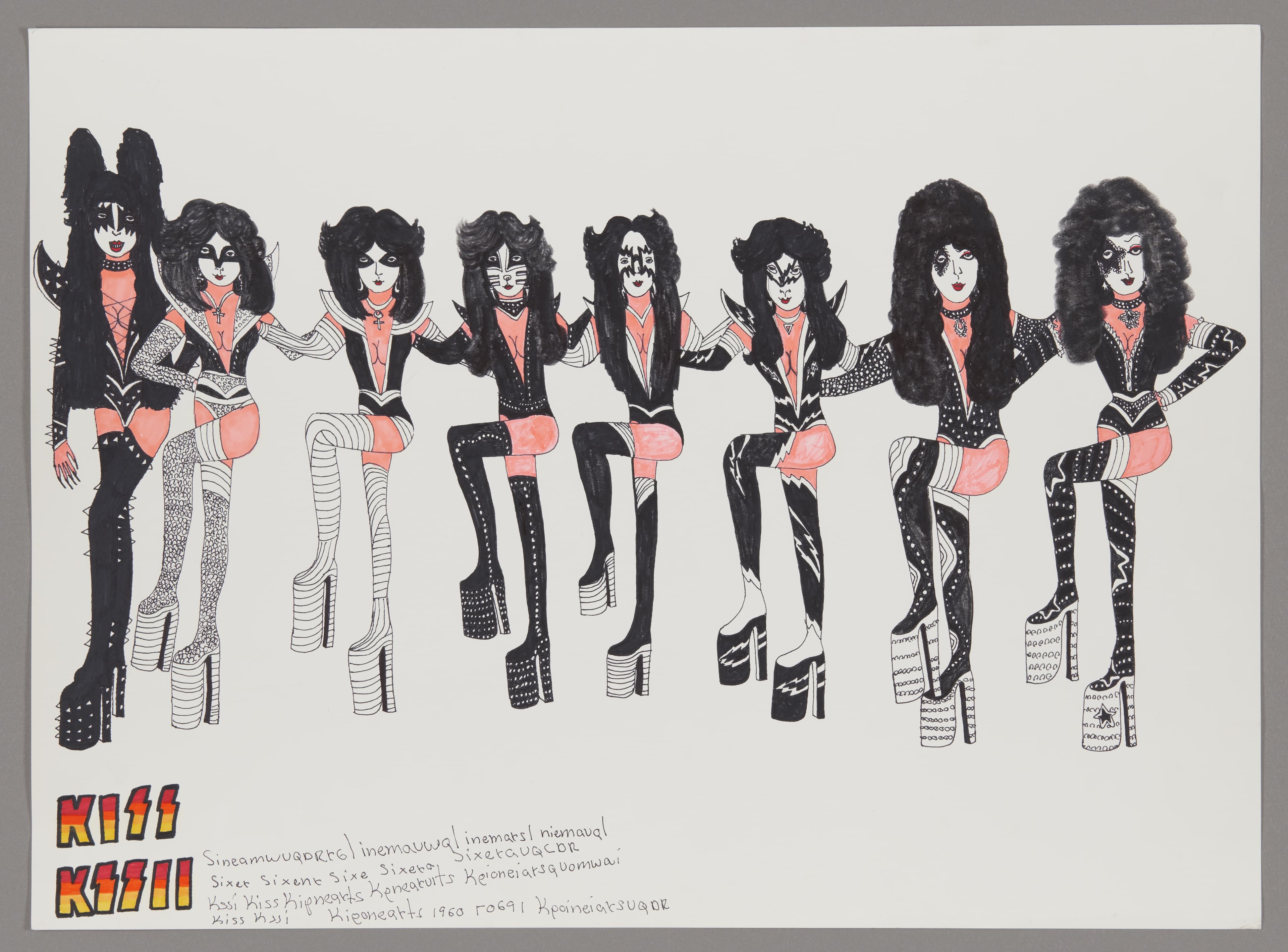 Drawing of eight KISS band members in stage costumes with face paint, graphite and watercolor on paper