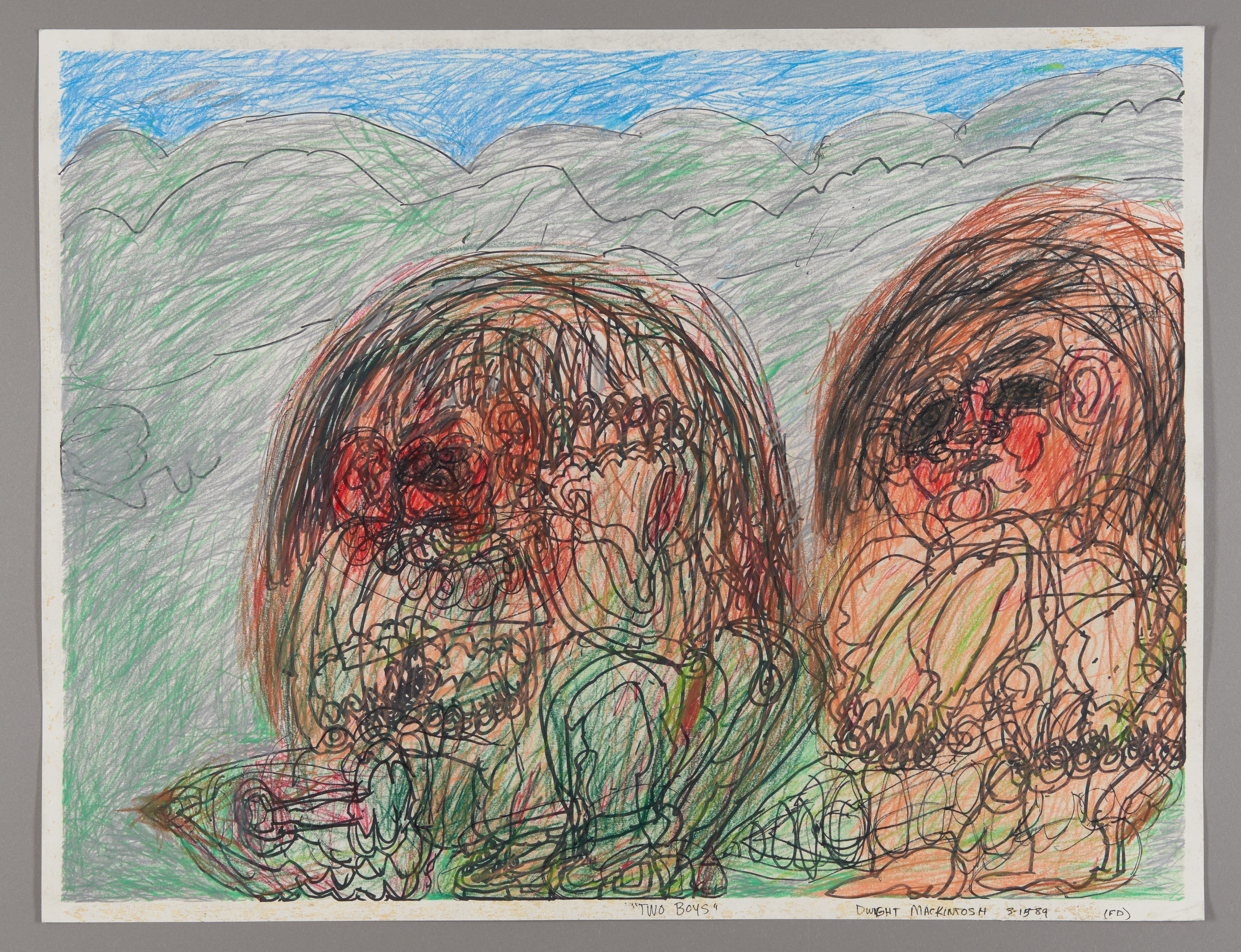 Colored pencil and ink drawing of two figures with swirling, energetic linework in browns, reds, and greens