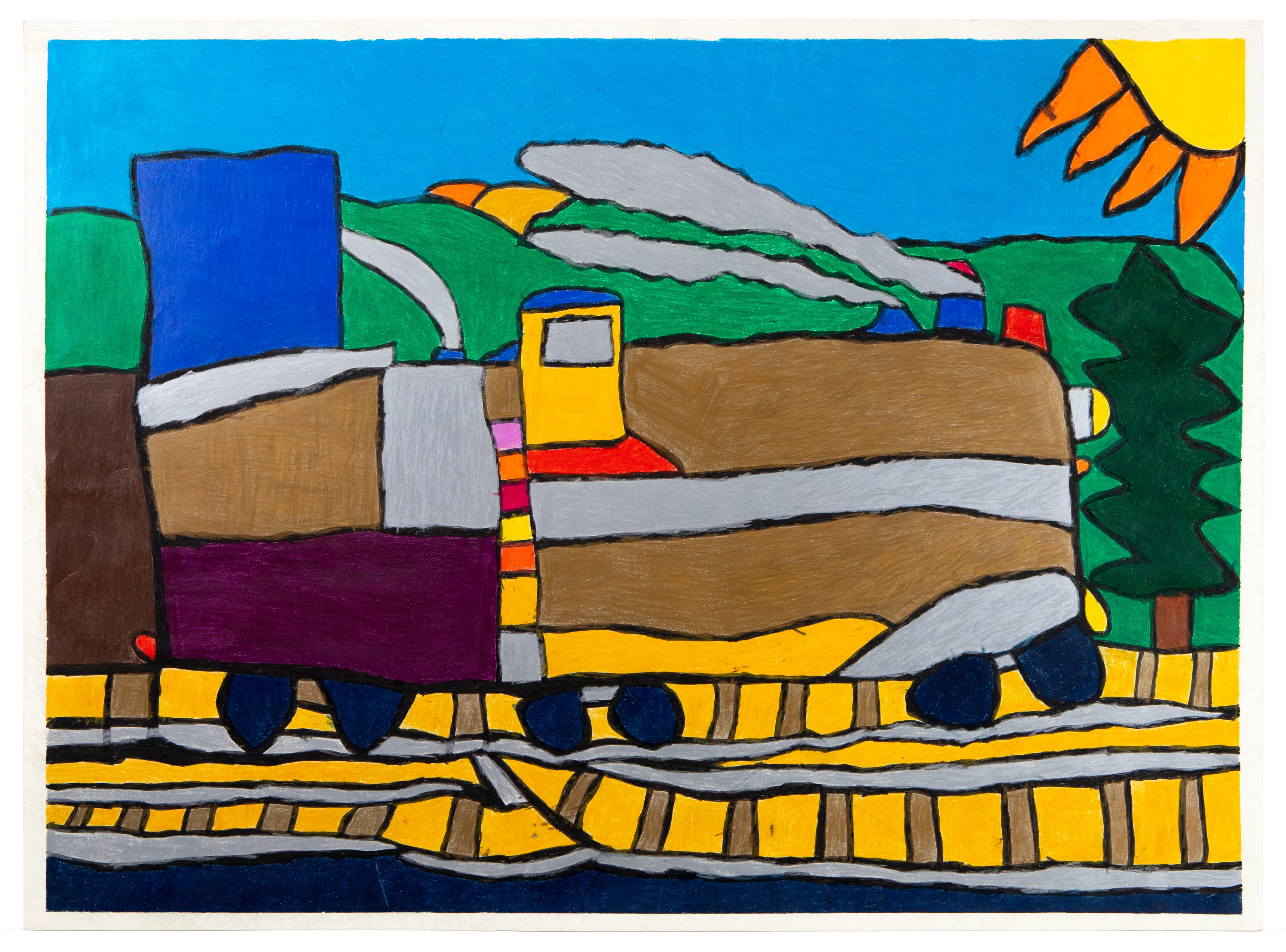 Colorful drawing of a train with multiple cars on railroad tracks, ink and pastel on paper