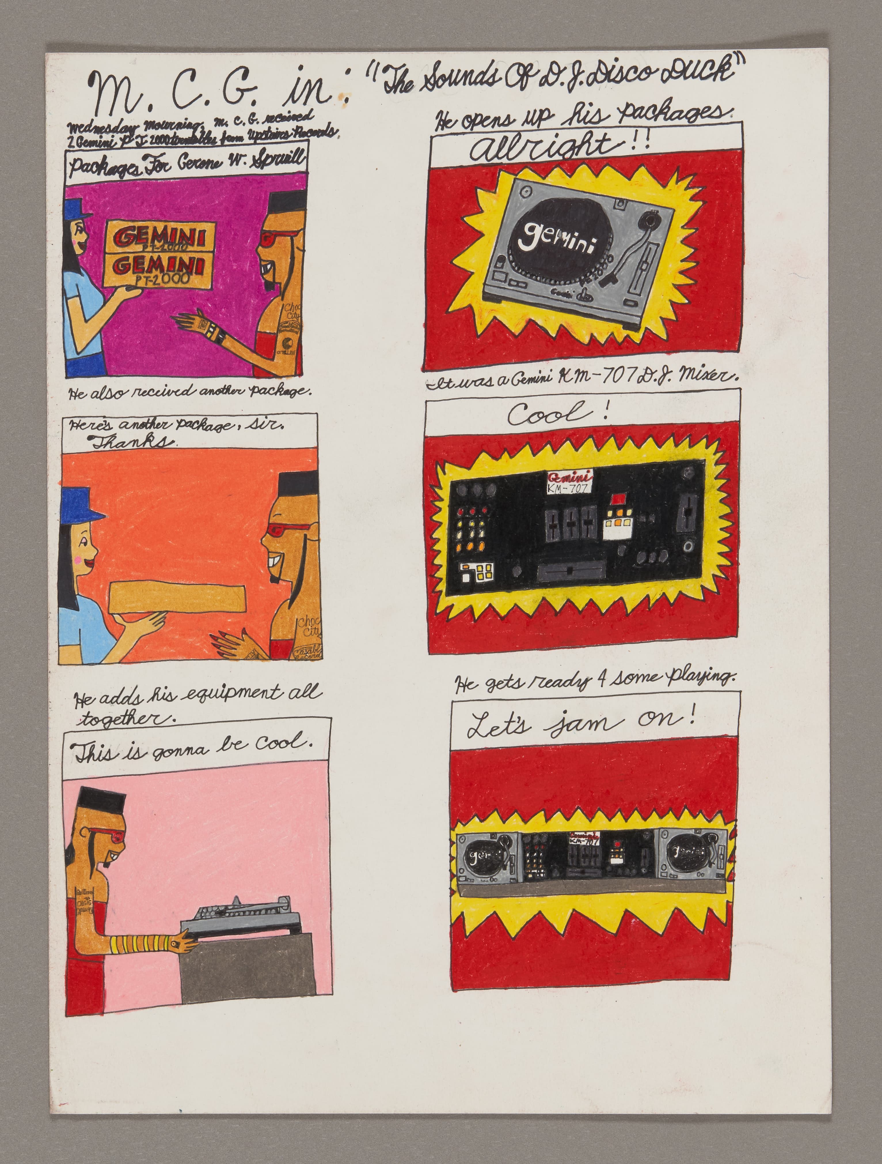 Comic strip with 6 panels showing a character with DJ equipment, drawn in colored pencil and ink on paper