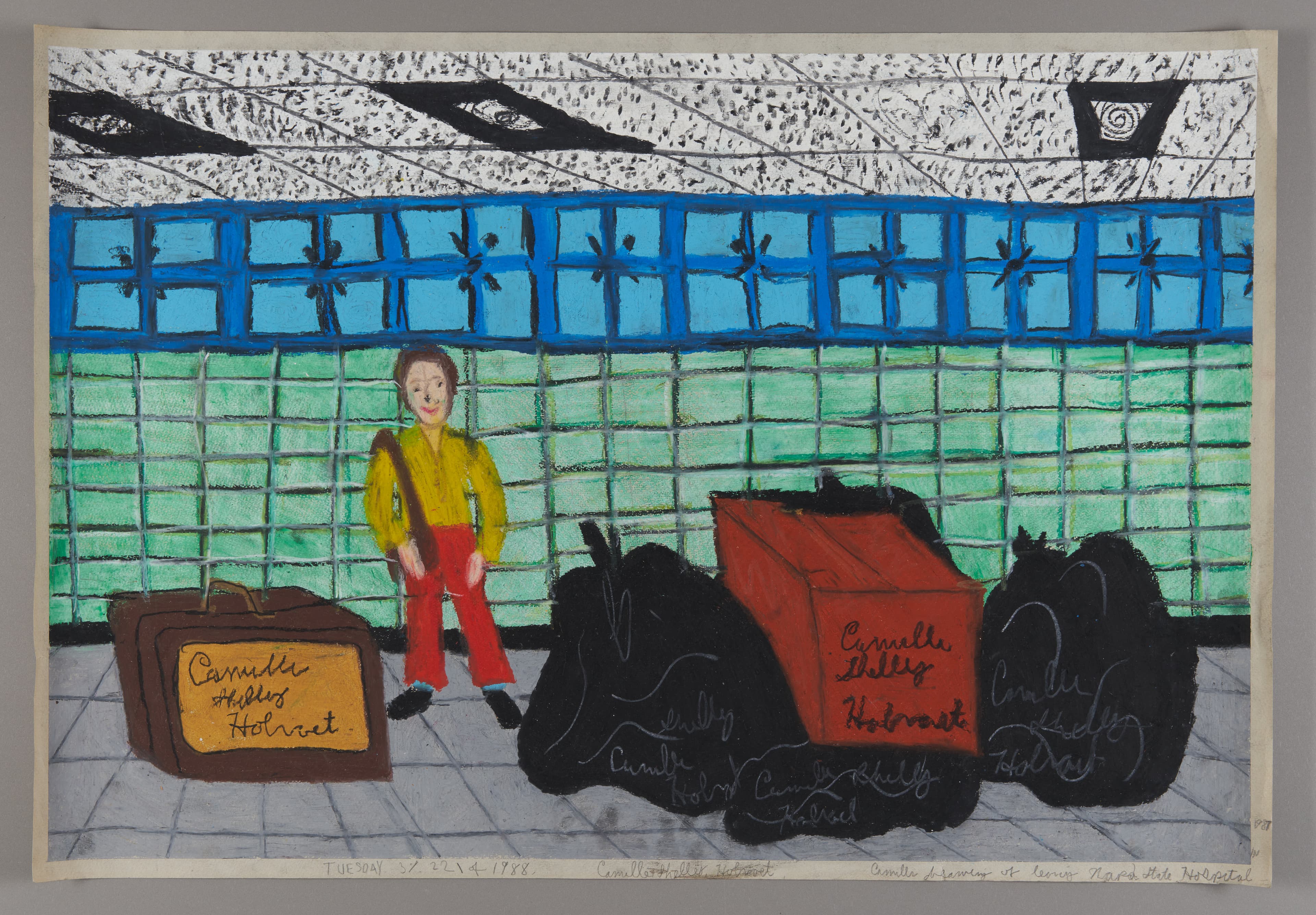 Oil pastel drawing showing a figure in yellow and red standing next to luggage in a tiled room with blue windows above