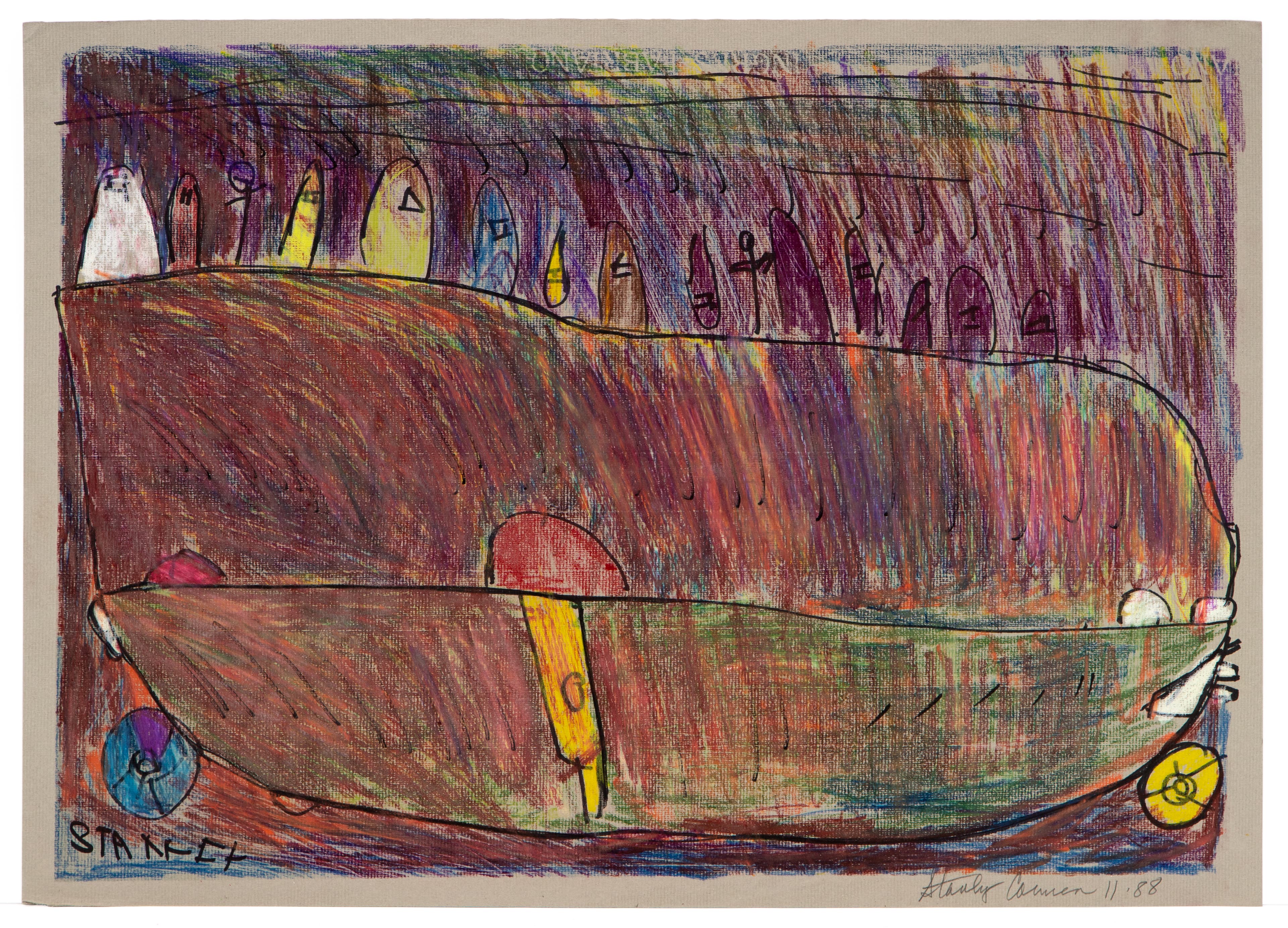 Drawing of a large brown boat with colorful figures on deck, rendered in colored pencil and ink on paper