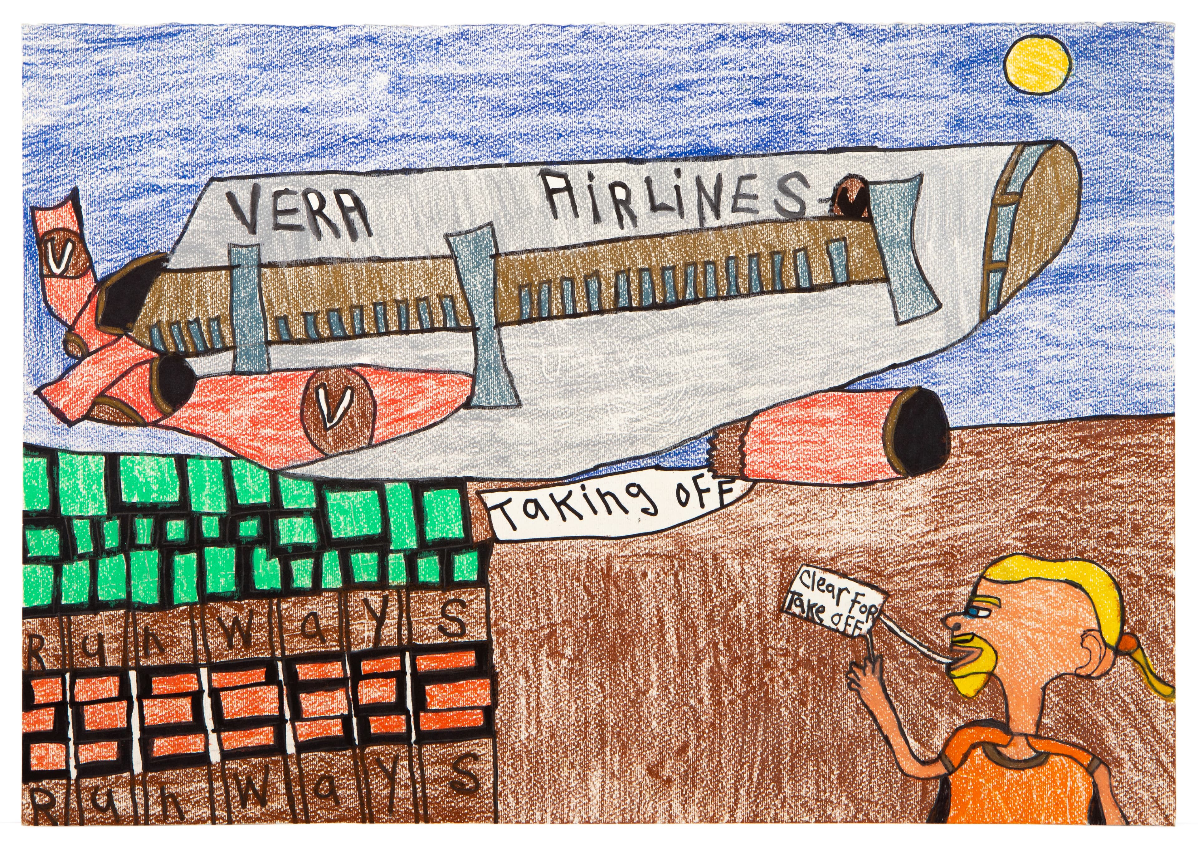 Colored pencil drawing of airplane labeled 'VERR AIRLINES' flying over airport with control tower and figure below