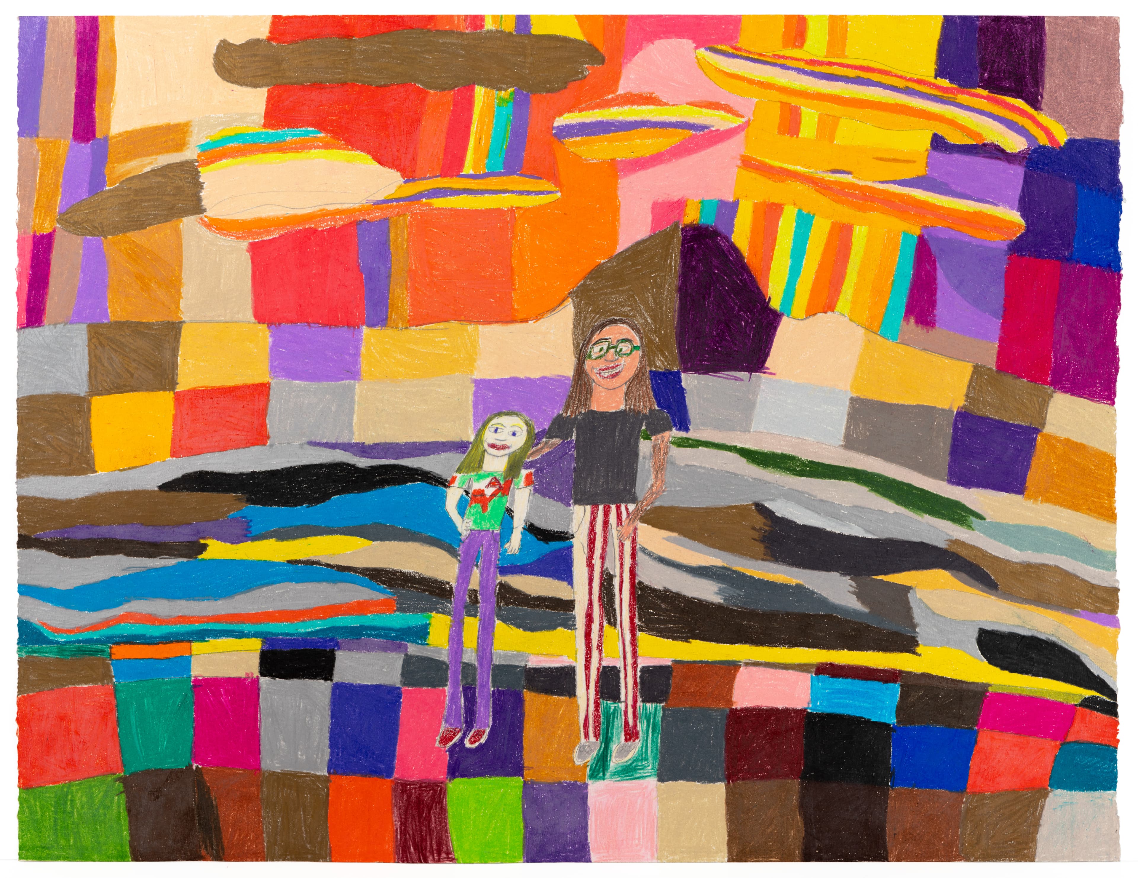 Colored pencil drawing of two figures in a vibrant geometric landscape with checkered patterns and bold colors