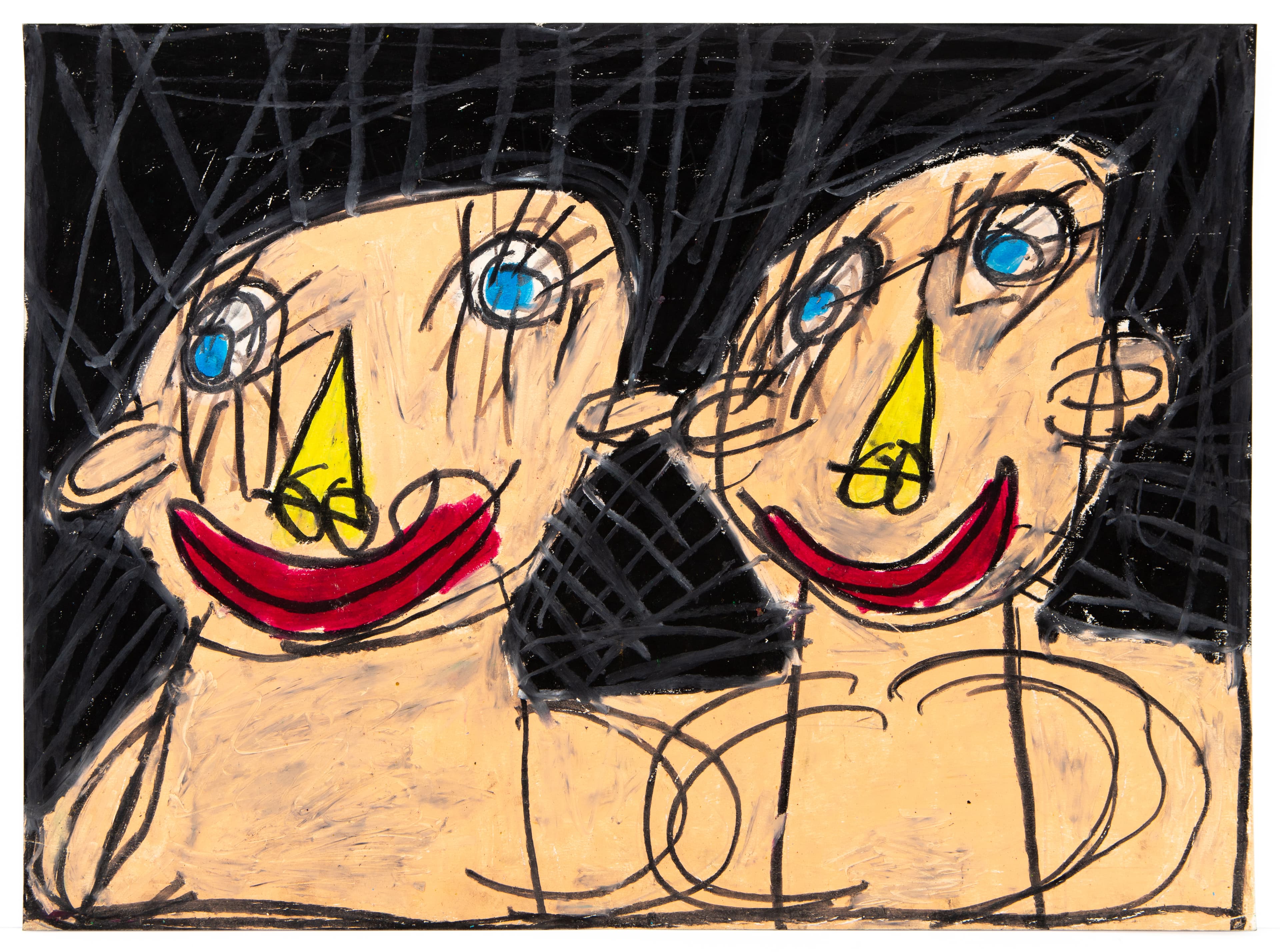 Pastel drawing of two figures with blue eyes, yellow noses, and red mouths on black background