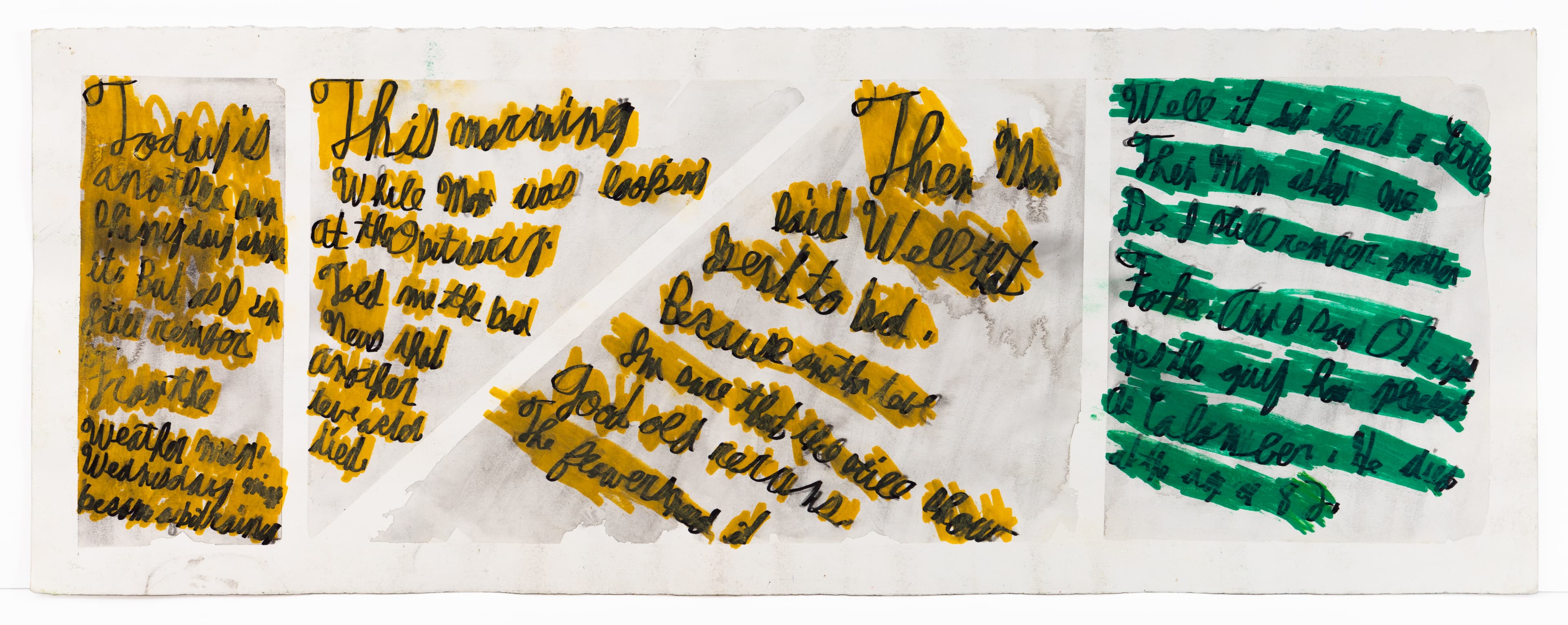Mixed media artwork with handwritten text in yellow and green paint on white paper