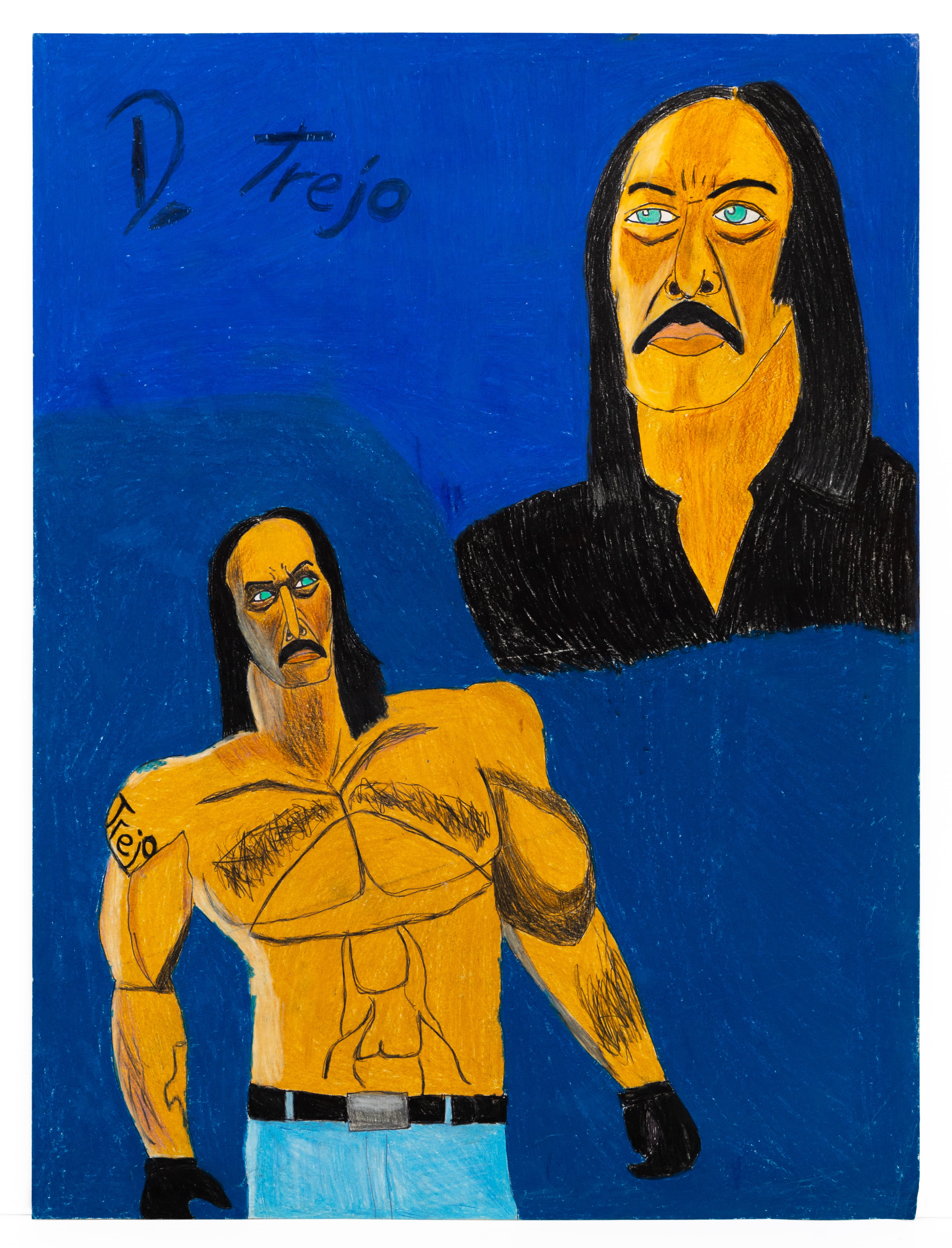 Colored pencil drawing of muscular figure with long black hair and mustache on blue background, with portrait head above