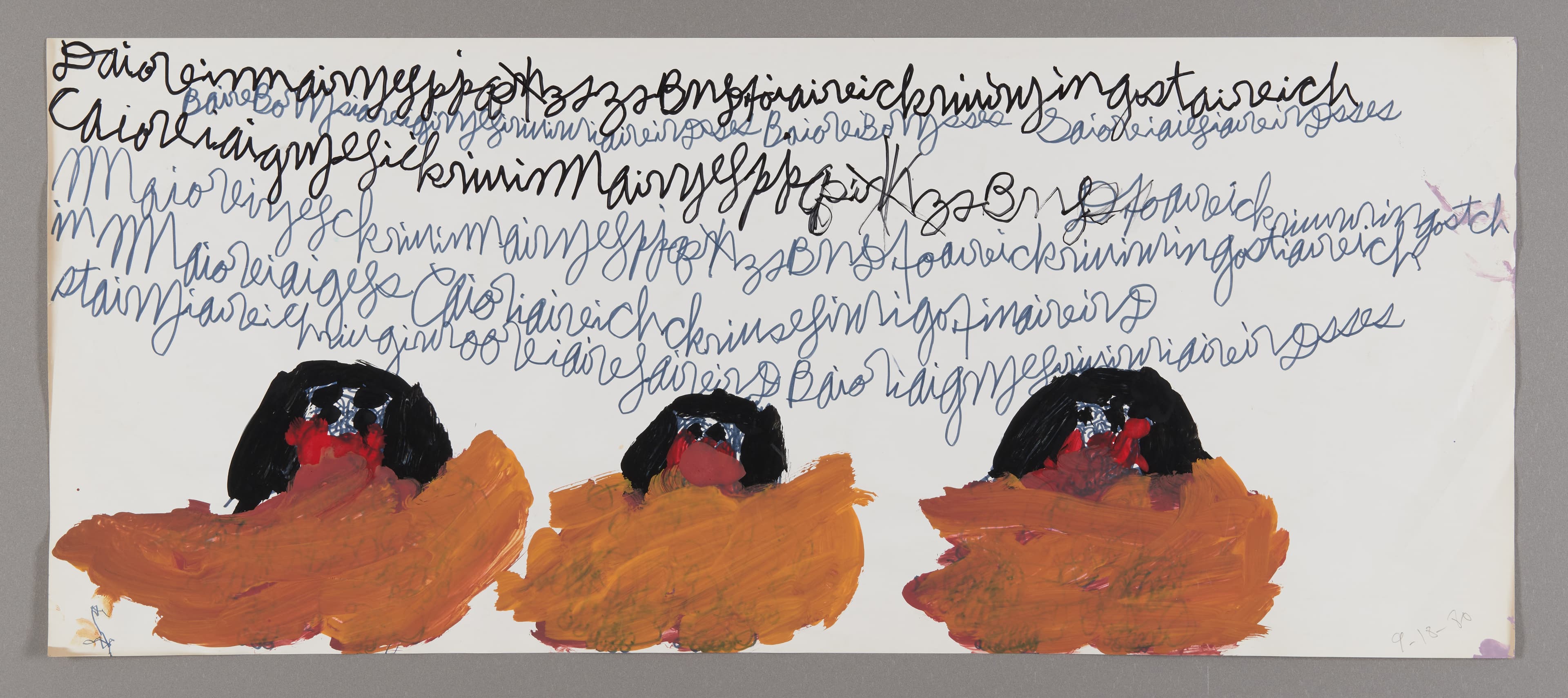Mixed media drawing with handwritten text above three painted figures with black hair and orange clothing