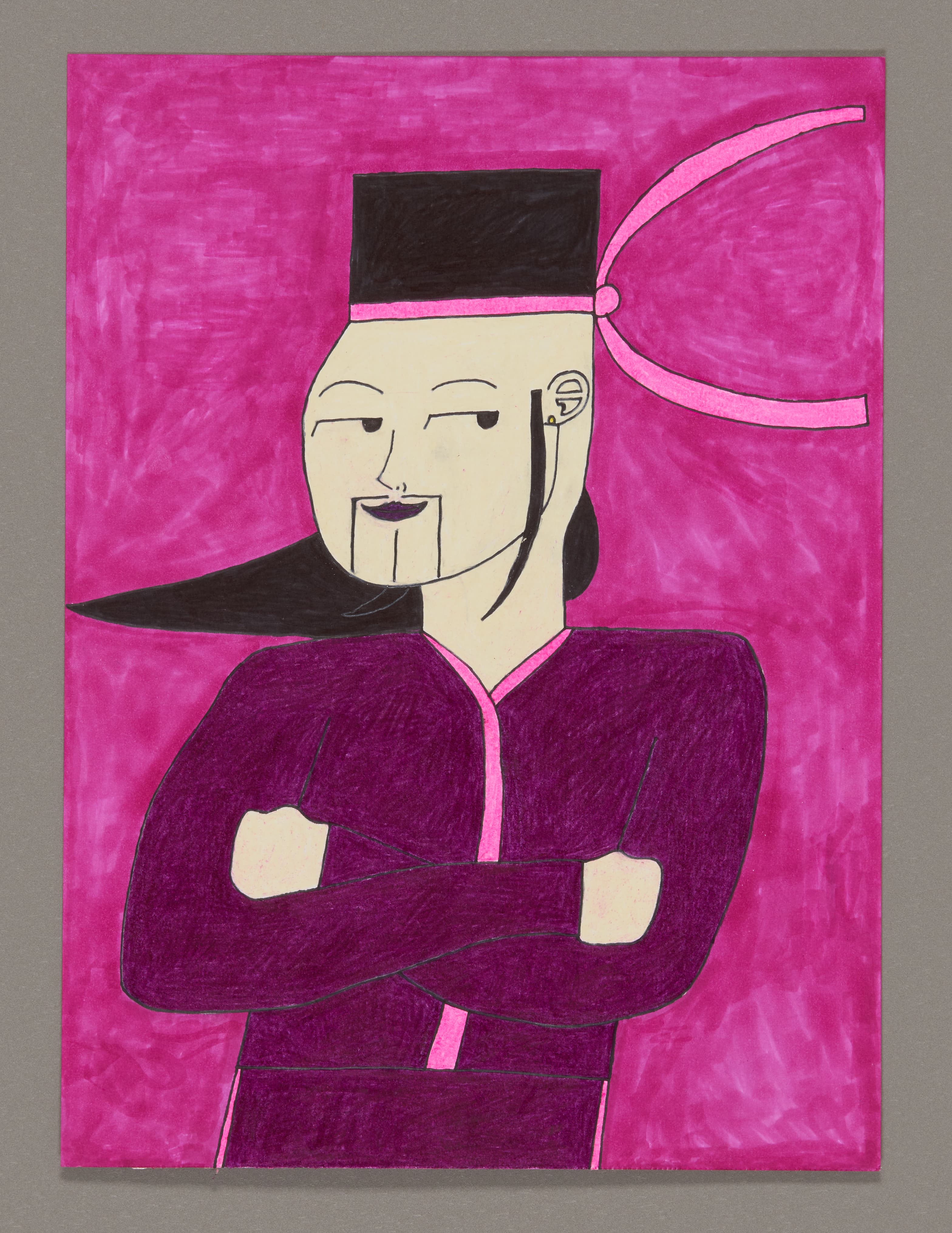 Drawing of figure with black hat and goatee in purple robe with crossed arms, pink crescent moon, color stix and marker