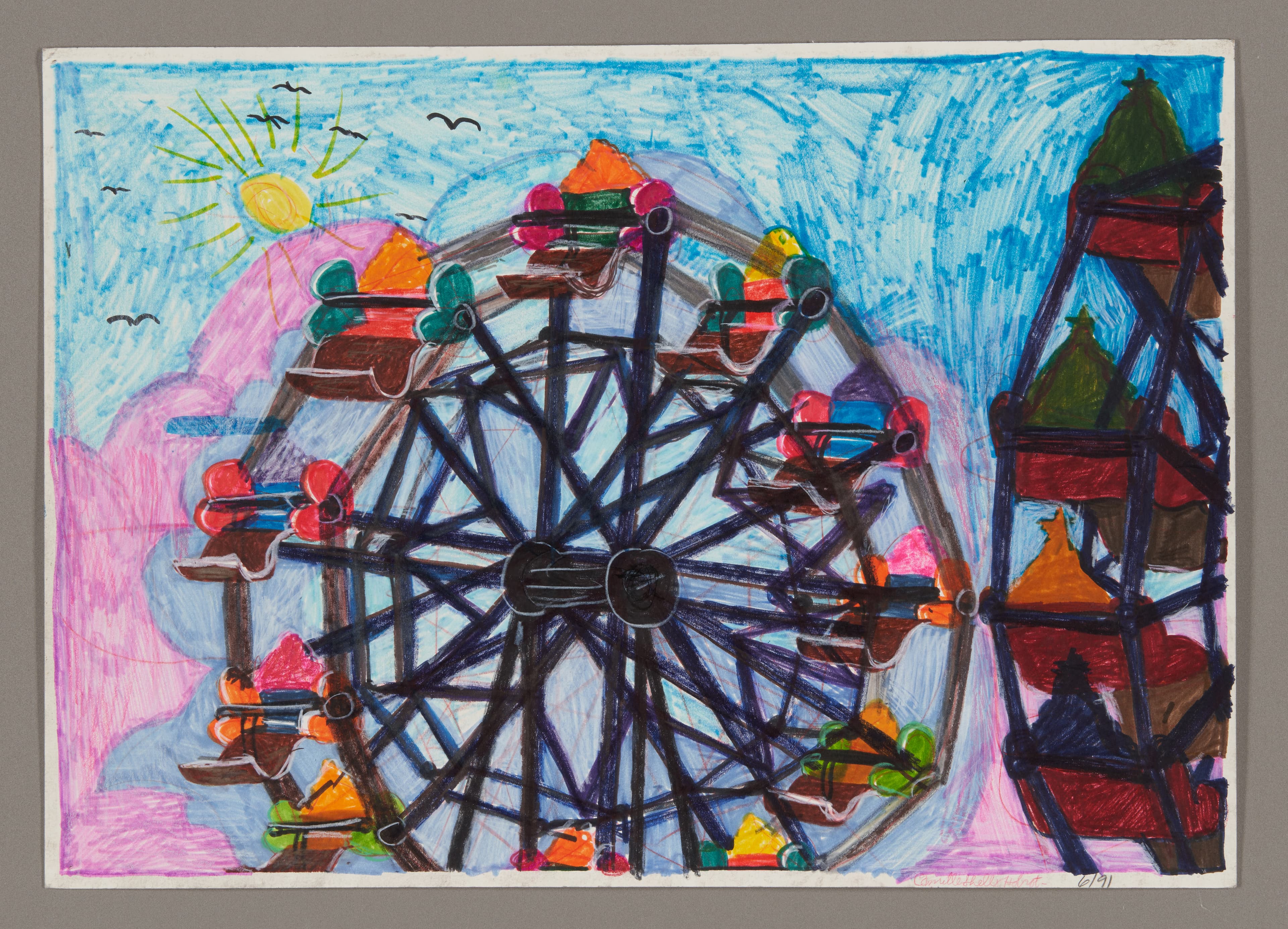 Colorful drawing of a Ferris wheel with passenger cars, castle tower, sun, and birds in ink and oil pastel