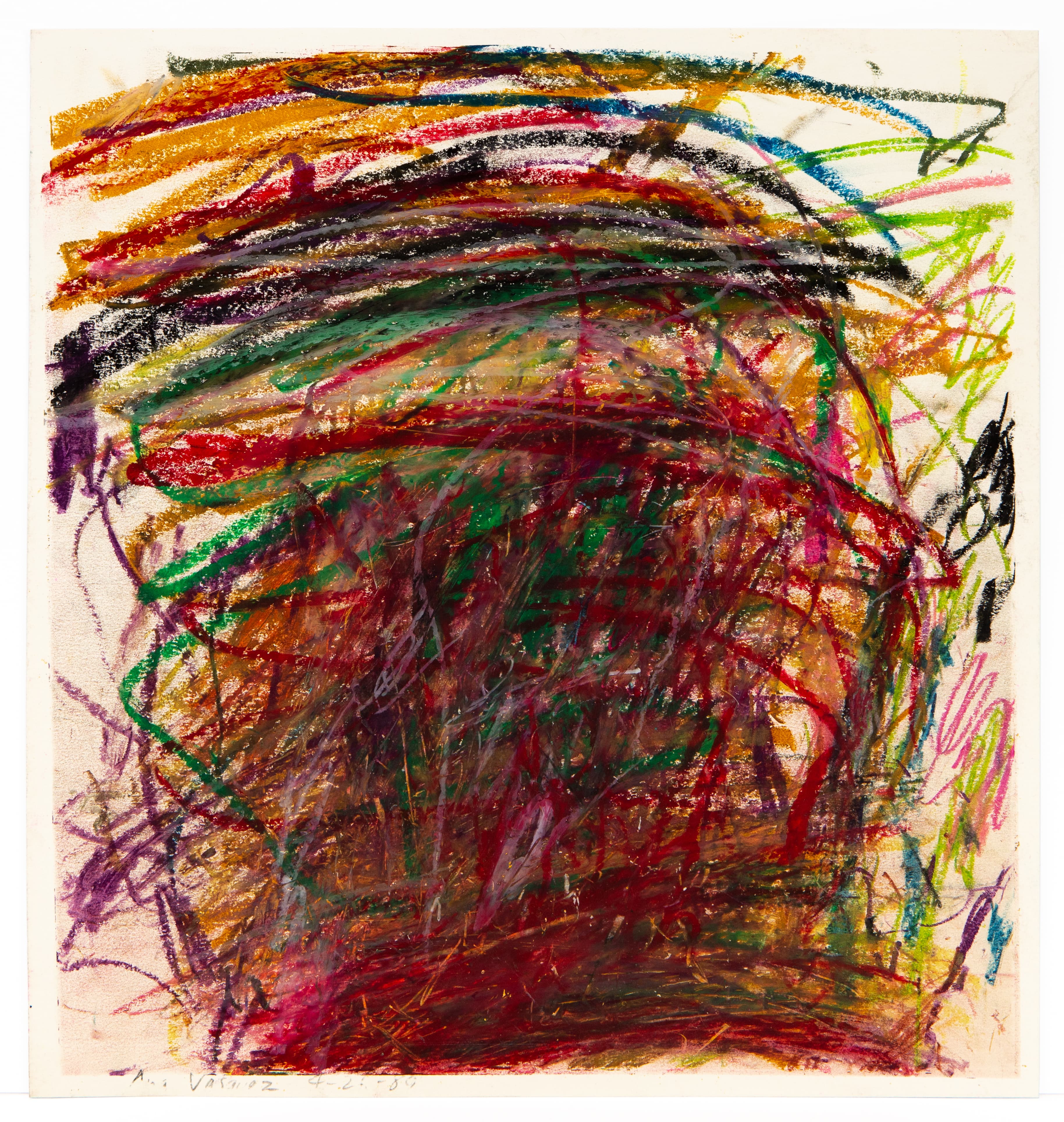 Abstract drawing with layered curved lines in multiple colors including red, green, orange, and purple on cream paper