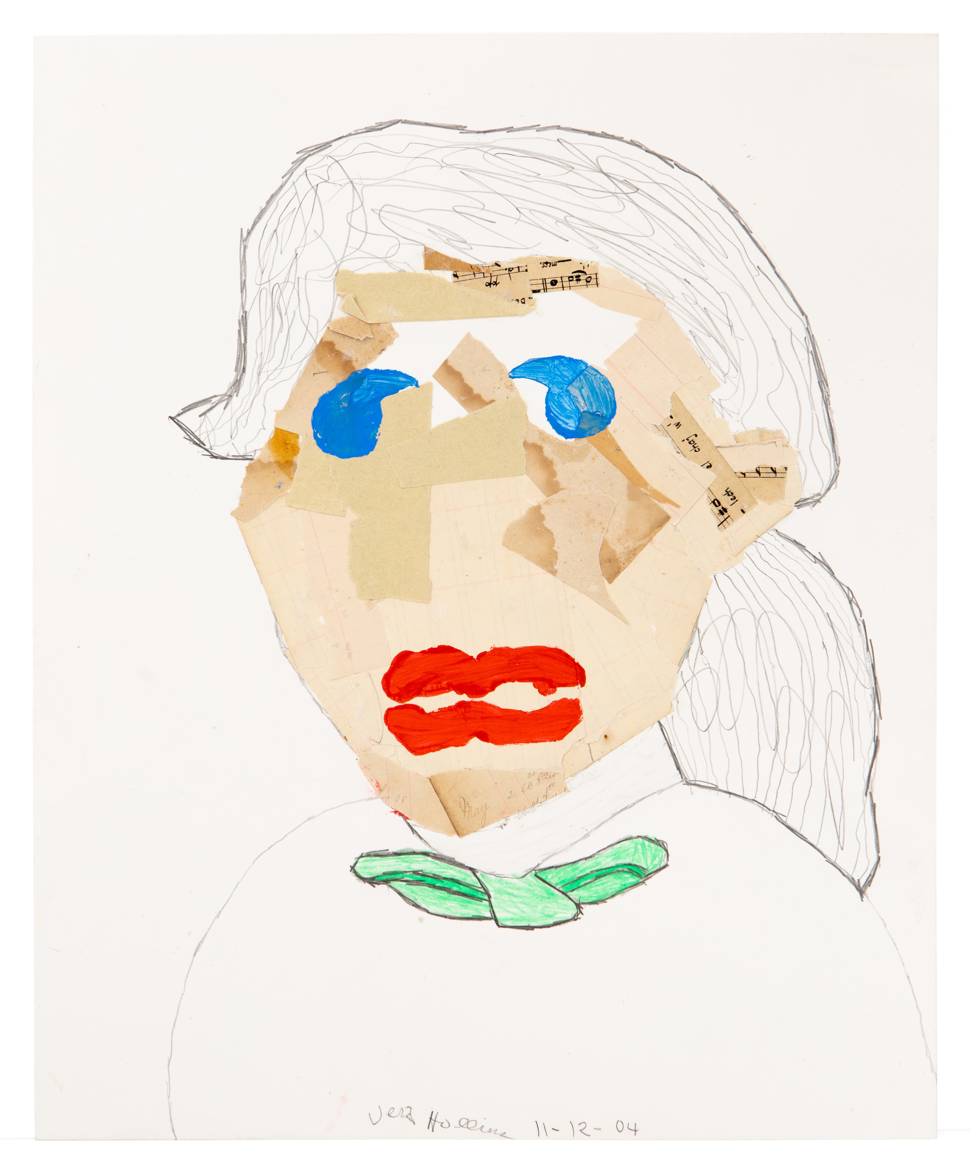 Mixed media portrait with collaged paper face, blue circular eyes, red lips, and green bow tie on white background