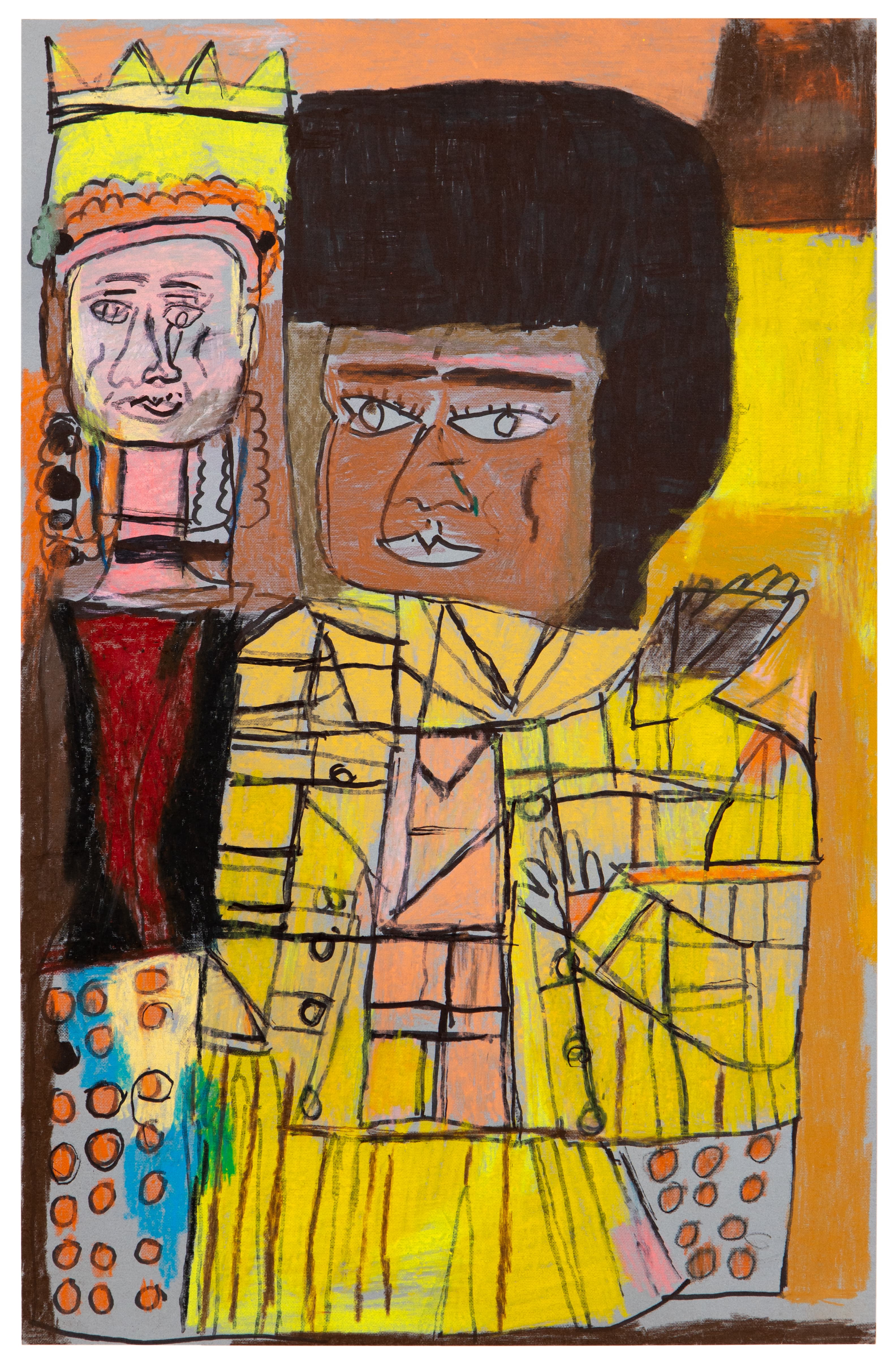 Ink and pastel drawing of two figures, one wearing a crown and the other in yellow plaid, with colorful geometric patterns