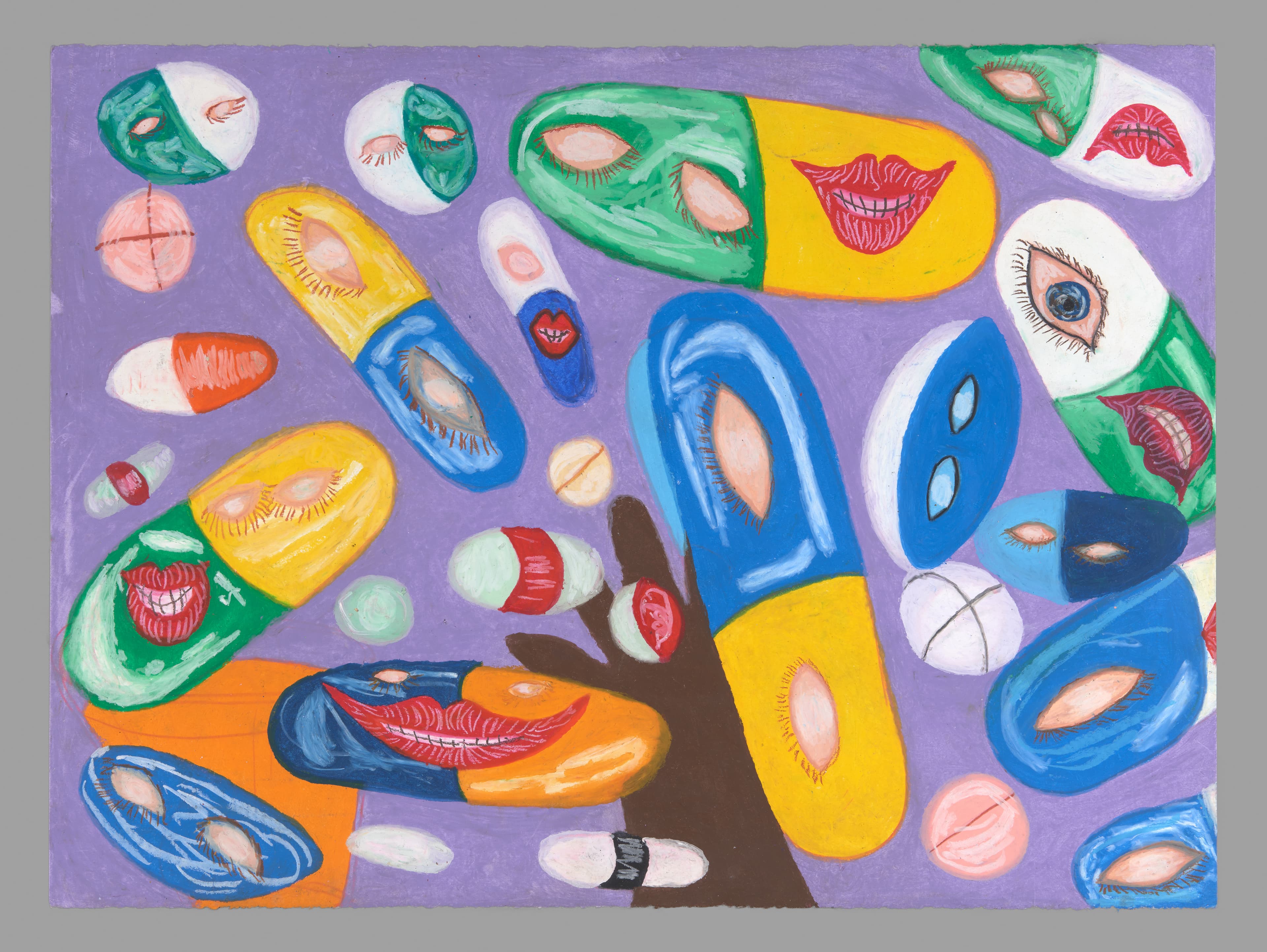 Oil pastel drawing of floating mask-like forms with eyes and mouths on purple background