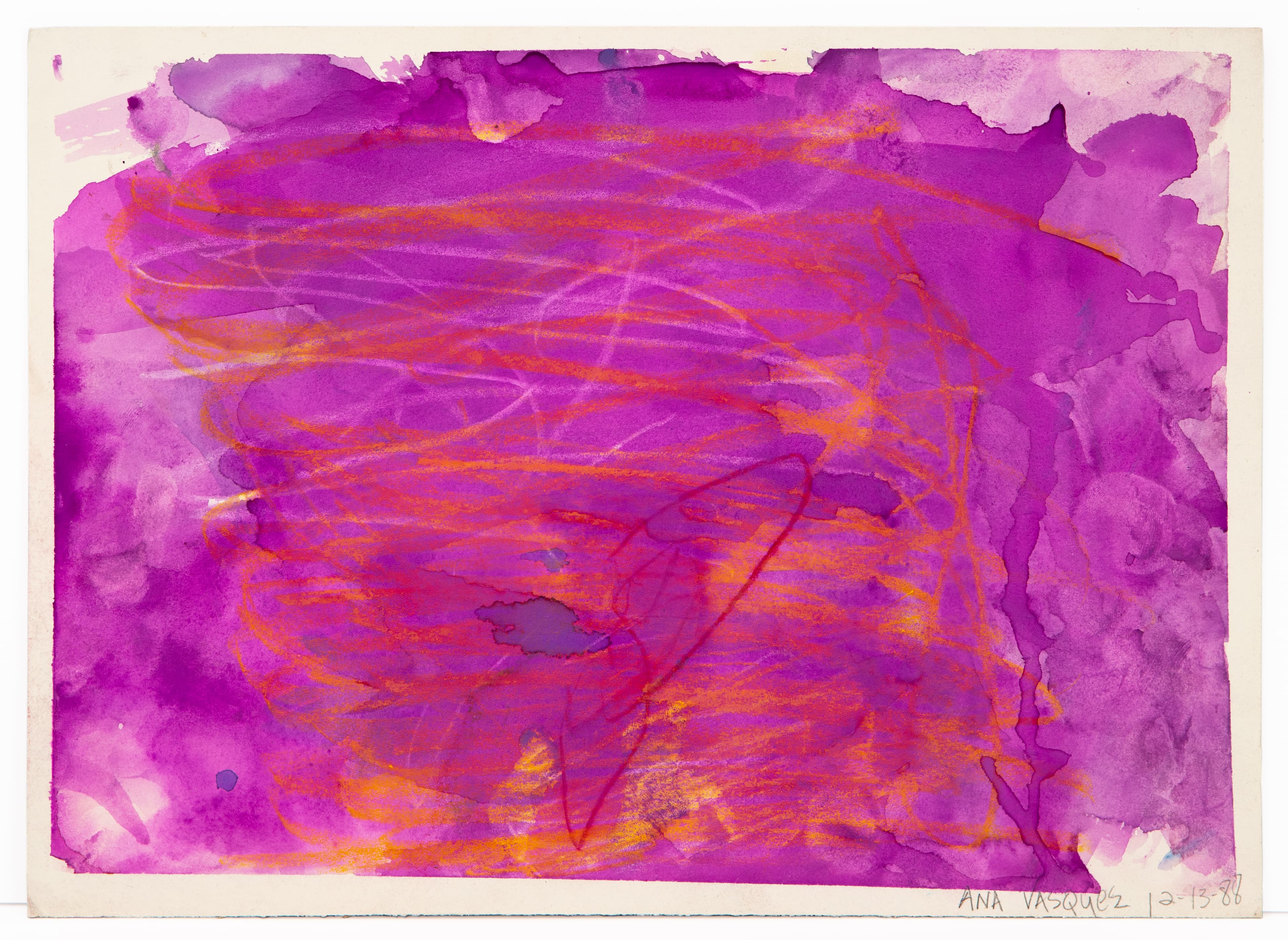 Abstract watercolor painting with vibrant purple and magenta washes and red-orange spiral forms on white paper